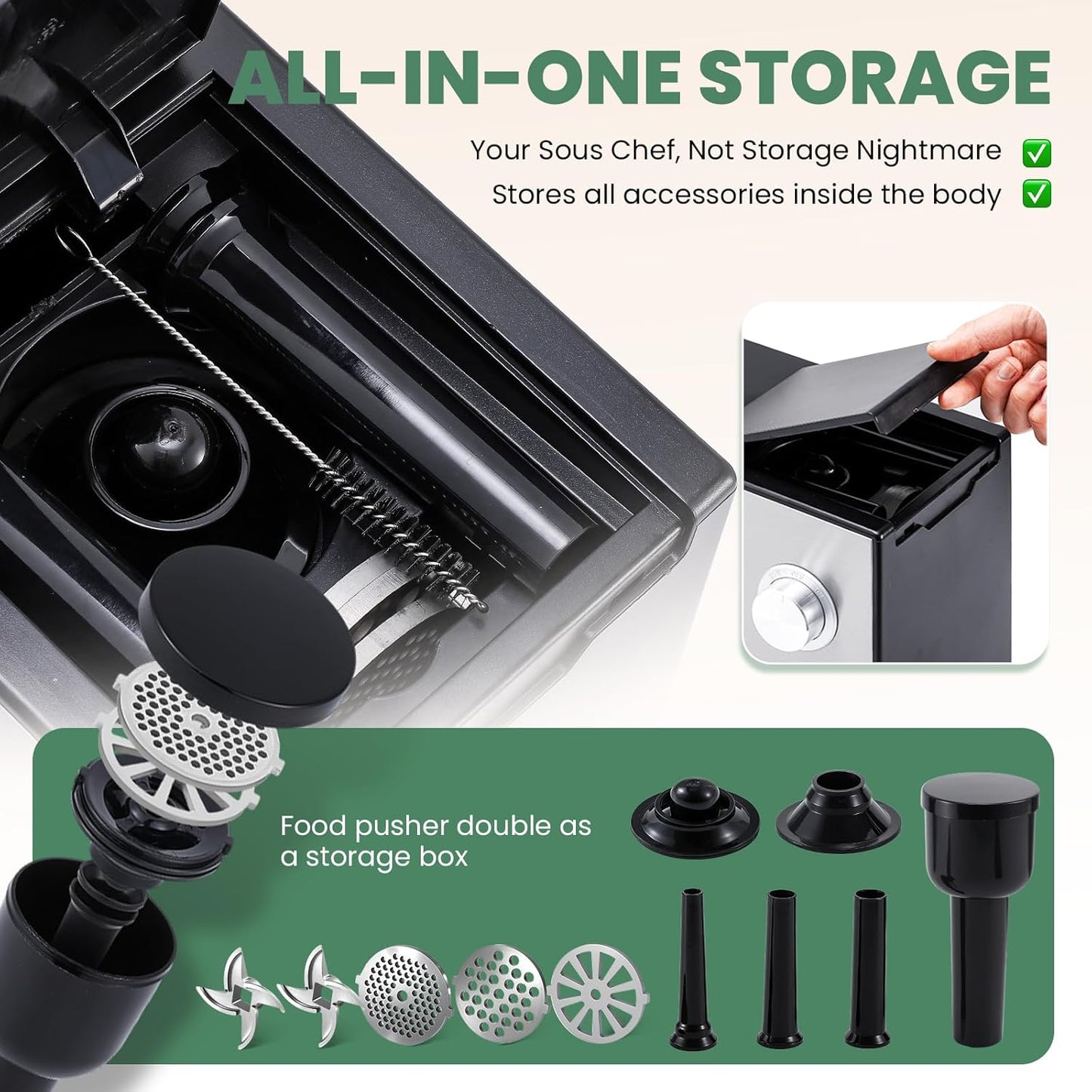 Huanyu Electric Meat Grinder 3200W Max Power, Built-in Storage, Heavy Duty, 2 Blades, 3 Plates, Sausage Tubes and Kubbe Kit #10 Outlet for Home Use