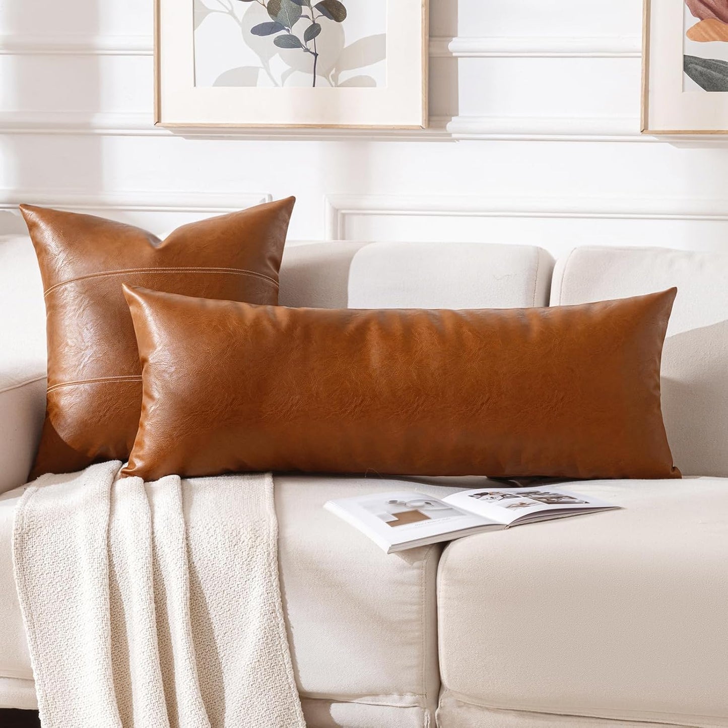 Fancy Homi Brown Boho Long Lumbar Faux Leather Body Decorative Throw Pillow Cover 12x40 Inch for Bedroom Couch Bed Bench, Thick Stylish Solid Rectangle Pillowcase, Rustic Modern Farmhouse Room Decor