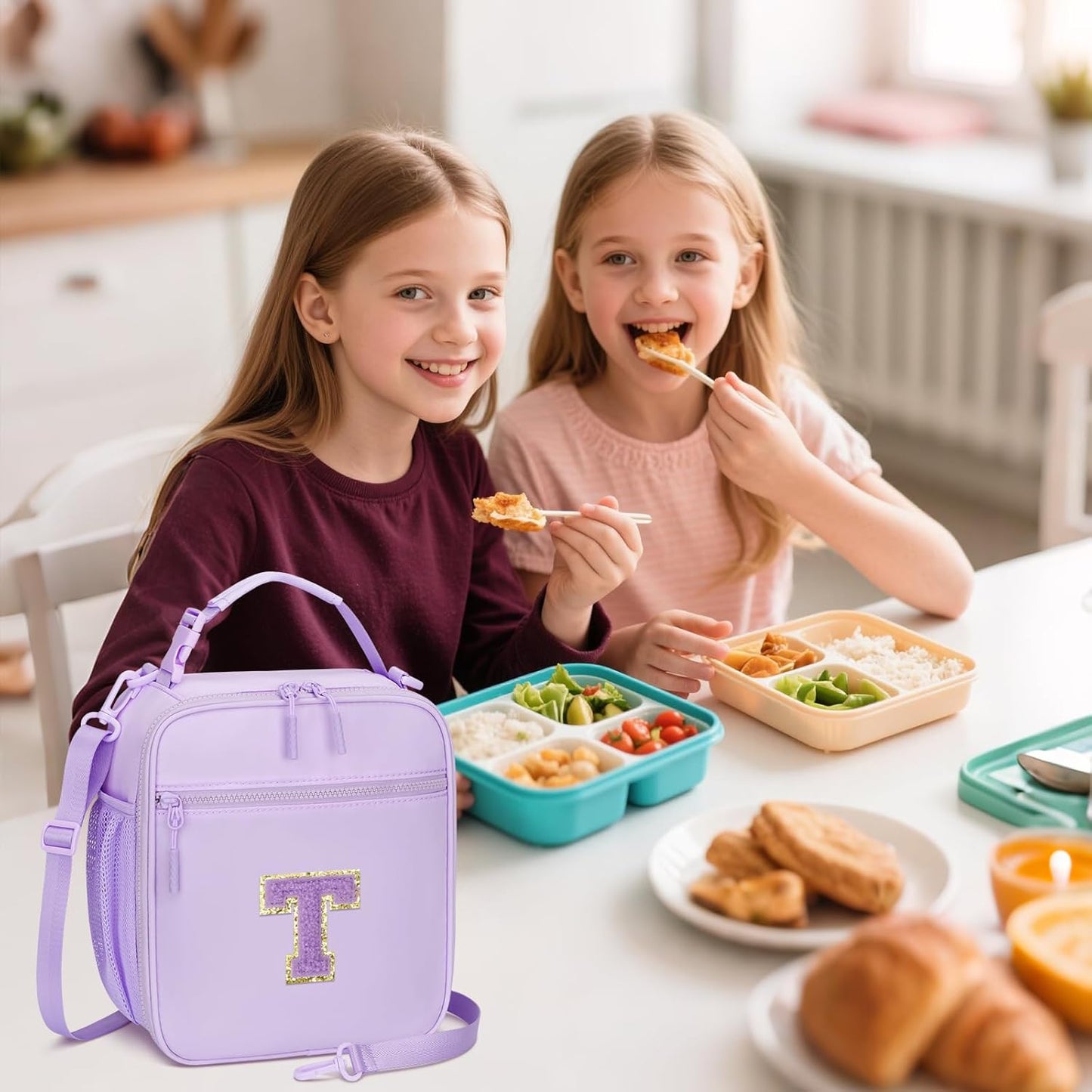 Initial Insulated Lunch Bag for Girls Kids, Back to School Gift, Reusable Leak-proof Lunch Box with Adjustable Strap for School Daycare Travel Picnic (Purple,T)