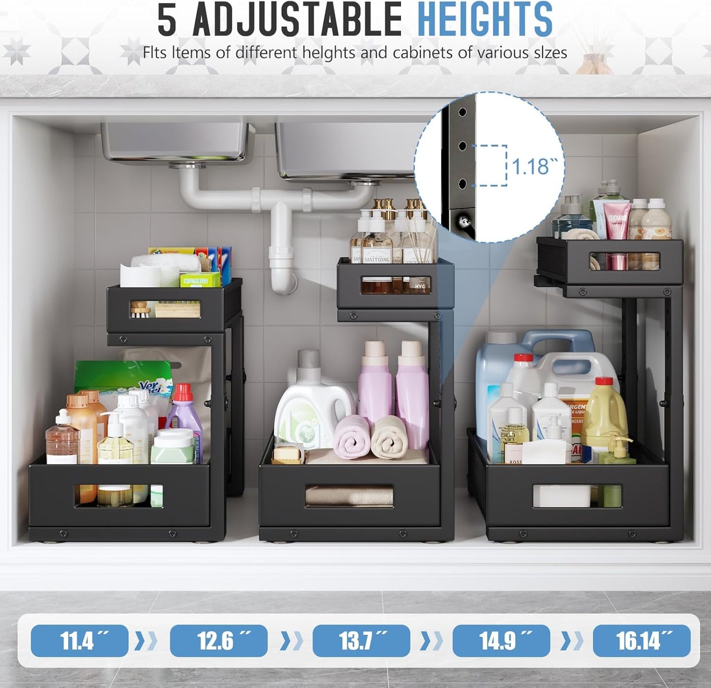 1 Pack-11.4"-16.14"H Under Sink Storage Organizer, Large 2-Tier Elegant Mesh Pull Out Shelf for Kitchen and Bathroom Cabinet Organization, L-Shaped and Adjustable Height Design for Maximum Space-Black