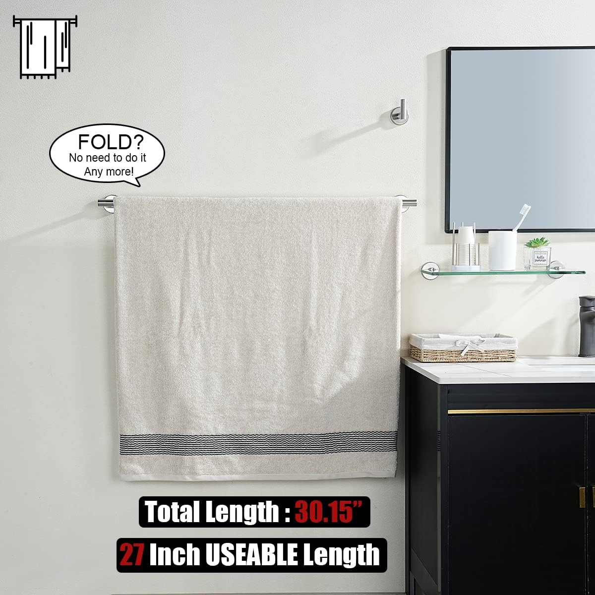 JQK Bath Towel Bar, 30 Inch 304 Stainless Steel Thicken 0.8mm Single Towel Rack for Bathroom, Towel Holder Brushed Finished Wall Mount, Useable Length 27 Inch, TB110L27-BN