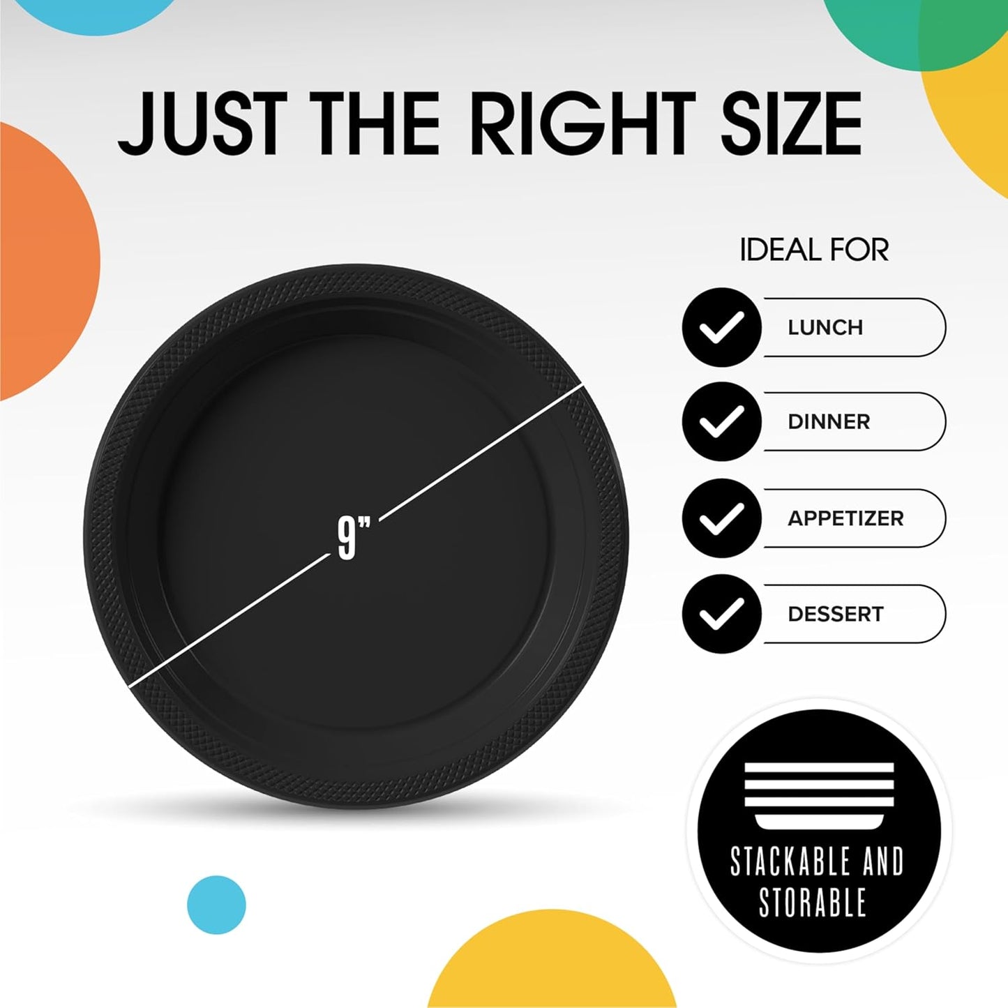 Exquisite Party Solids Black Plastic Plates For Party 9" Black Disposable Plates Heavy Duty Supplies 100 Pcs Plastic Dinnerware Sets Heavy Duty 350 GSM Disposable Dinnerware Set