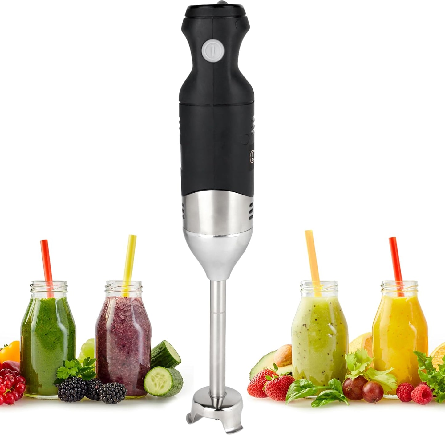 Handheld Immersion Blender 220W - 7” Stainless Steel with 8 Speeds - 110V + 1-Yr Coverage and 24/7 Pro Chef Support