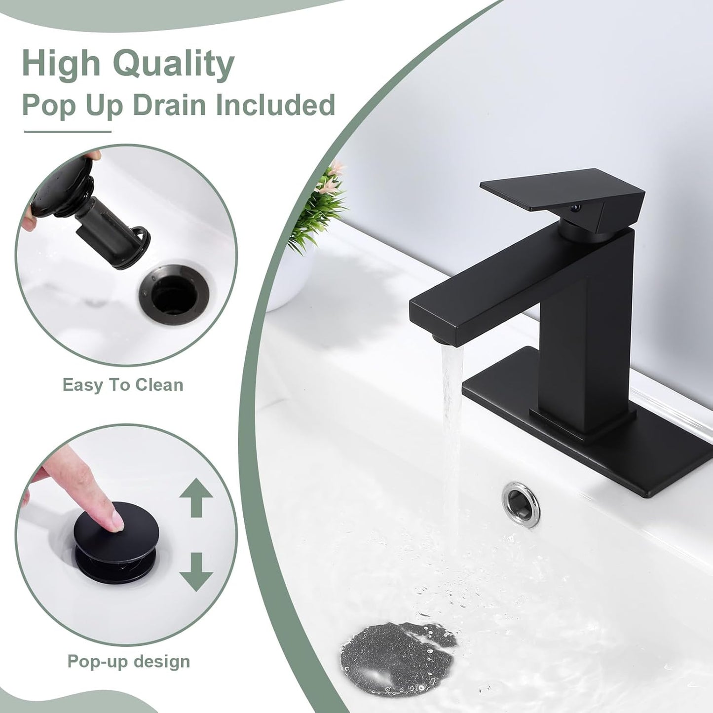 Matte Black Bathroom Faucet Single Handle Bathroom Vessel Sink Faucet 1 Hole Modern Stainless Steel Vanity Faucet for Bathroom Sink with Pop Up Drain Stopper & Water Supply Hoses