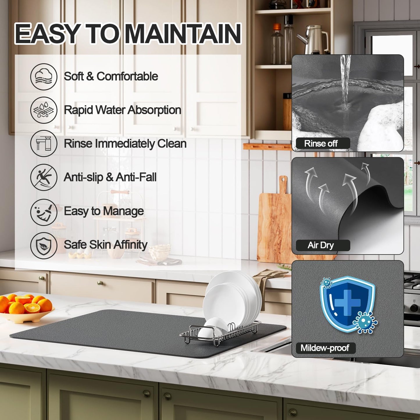 Dish Drying Mat for Kitchen Counter | Coffee Bar Mat for Countertops | Heat Resistant Drainer Mat with Non-slip Rubber Backed | Hide Stain Kitchen Absorbent Draining Mat | Dark Grey 18"x32"