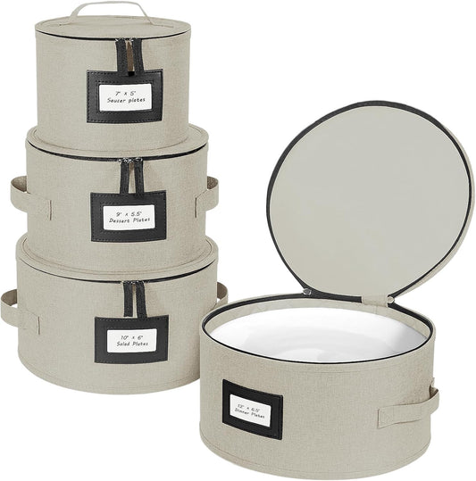 BALEINE China Storage Containers, Sturdy Quilted Wine Glass Storage, Plate Organizer with Carry Handles, Moving Boxes for Dishes, Cups, Mugs and Stemware (Plate, Hard Shell Cream)