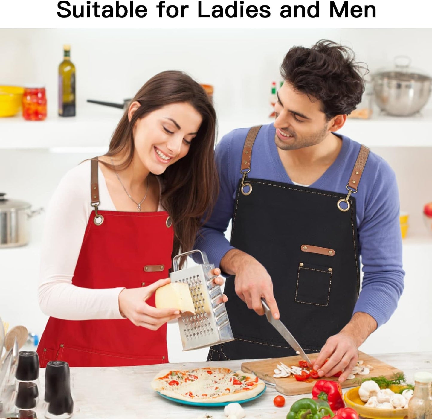 Genixart 6 Bulk Pack Chef Apron for Men Women with Pockets, Cross Back Apron for Kitchen Cooking Baking Artist Painting, Cotton Canvas Work Aprons for Restaurant, Cafe Shop, Garden (Red, M to XXL)