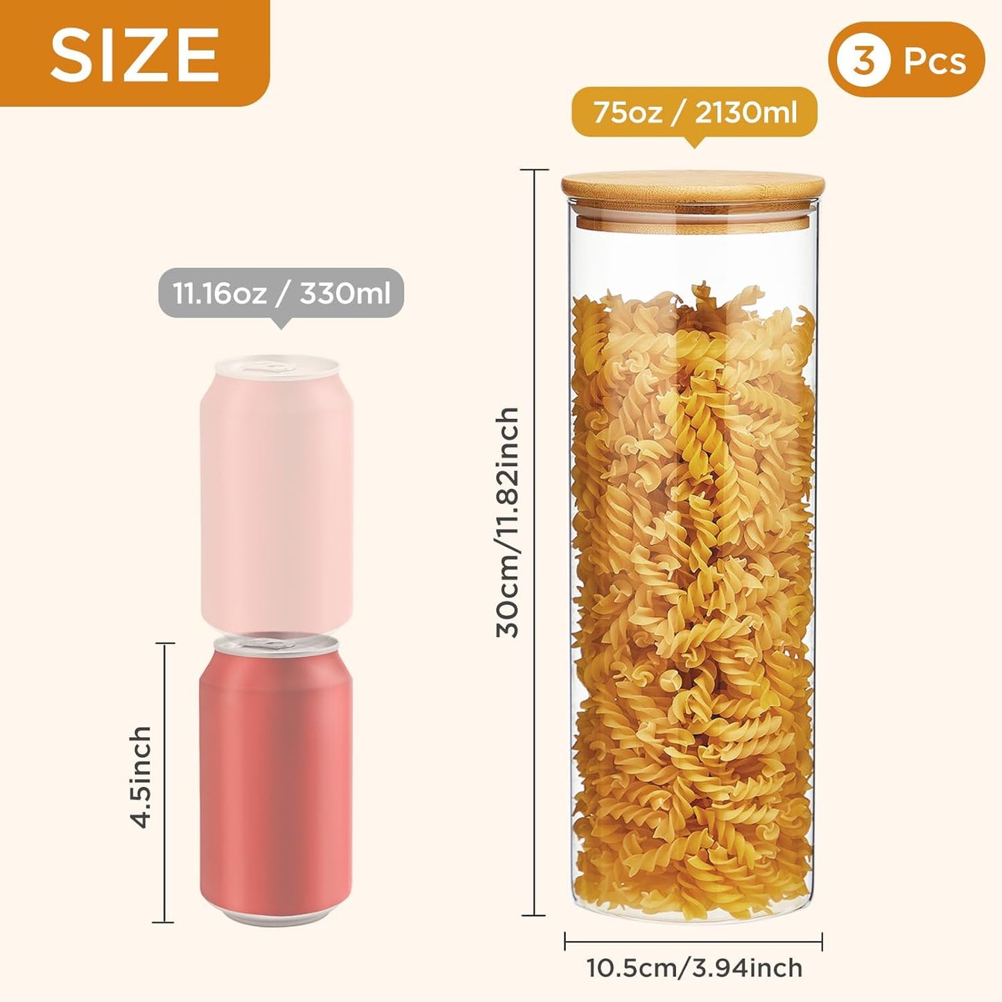 Glass Food Storage Jars with Lids[Set of 3], Perfect for Pasta, Cookies, Nuts, Coffee, Cereal, Flour, and More, Organize Your Kitchen and Pantry with these BPA-Free Glass Canisters