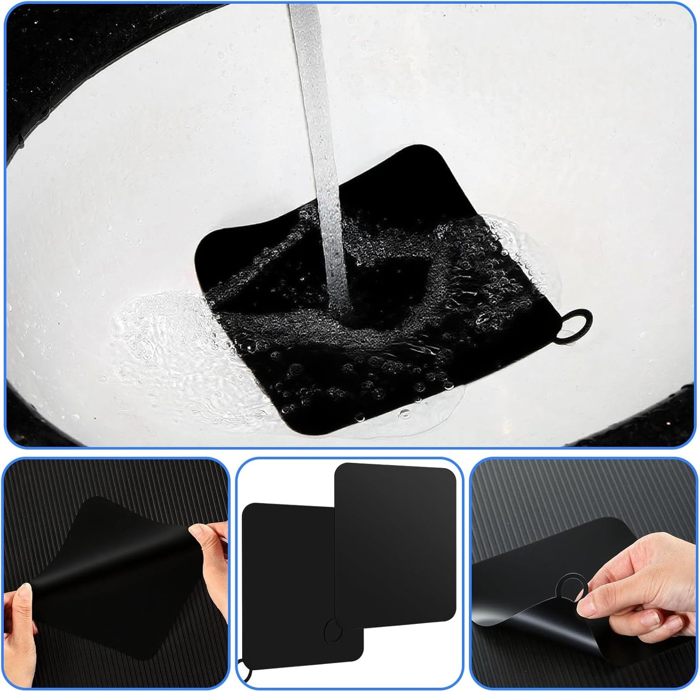 Yinkin 6 Pcs Drain Covers to Keep Bugs Out Silicone Shower Floor Tub Stoppers Bathtub Drain Stoppers Sewer Anti-Odor Mats Deodorizing Plugs for Bathroom(6 x 6 Inch,Square,Black)