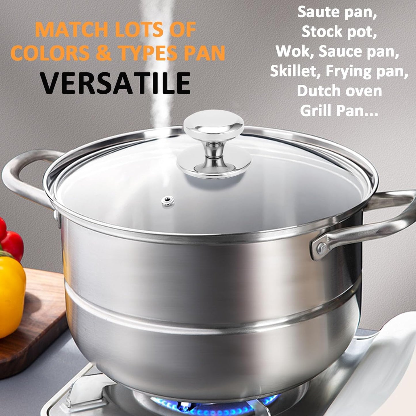 Glass Lid for 9.5 Inch Black Cast Iron Skillets Frying Pans, 24cm Tempered Lids for Dutch Ovens, 9.5 In Pan Cover with Stainless Steel Rim for Stock Pots, Dishwasher Safe