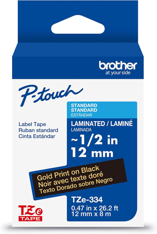 Brother Genuine P-Touch TZe Gold Print on Black Label Tape (TZe334), Laminated,1/2in x 26.2ft (12mm x 8m), for Select P-Touch Label Makers, Durable, Water-Resistant, Indoor/Outdoor Use