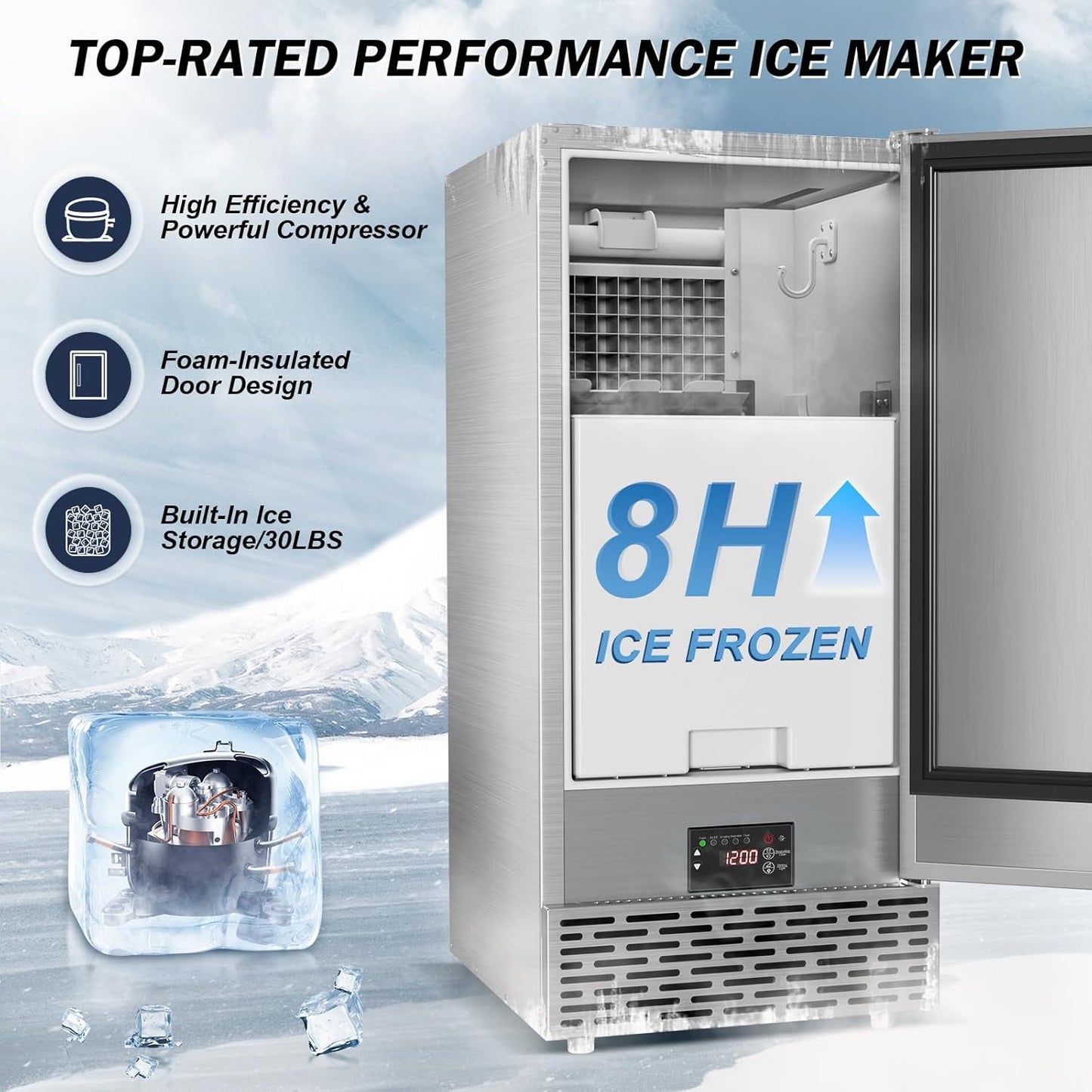 Commercial Under Counter Ice Maker Machine - 120 LBS/Day, Built in Installation, Auto-Clean,Reversible Door, Built 25LBS Ice Storage, Stainless Steel Ice Machine for Home & Business Outdoor Use