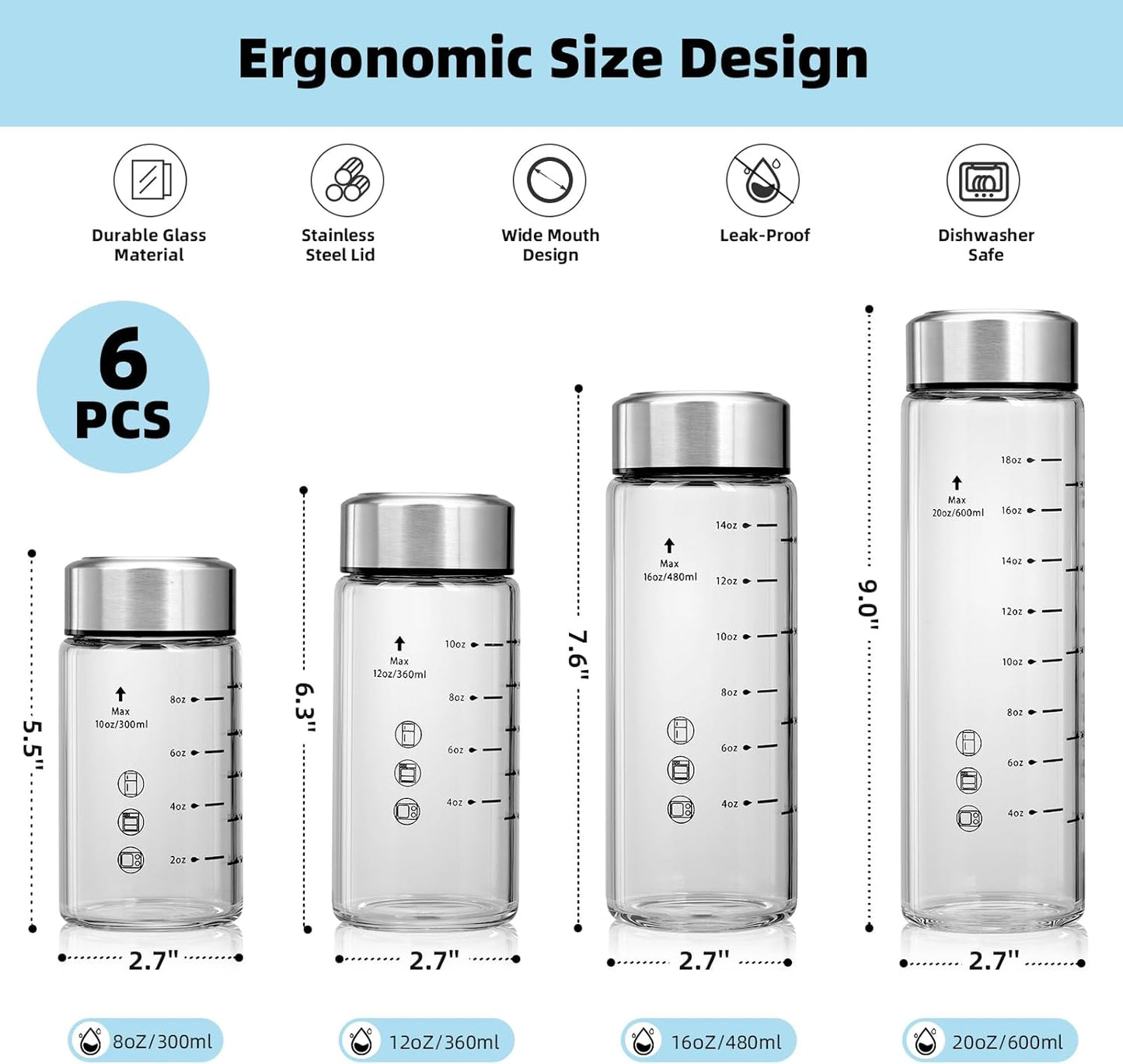 Glass Juice Bottles 6 Pack 12 oz - Wide Mouth Glass Water Bottles with Lids - Borosilicate,Stainless Steel Lids for Juicing, Smoothies, Infused Water, Beverage Storage, Leakproof, Reusable,BPA Free