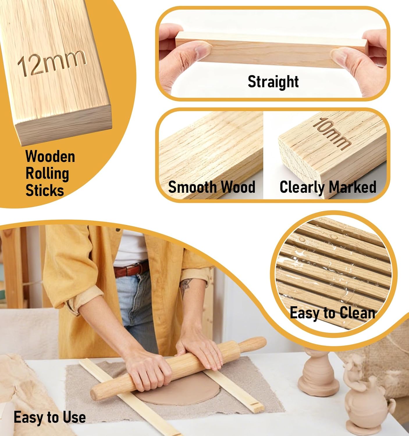 Clay Rolling Pin Guides, 10Pcs Pottery Teaching Rolling Mud Stick Guide, Pottery Tools, Wooden Slab Roller, Clay Tools, Mudboard Tools for Polymer Thickness