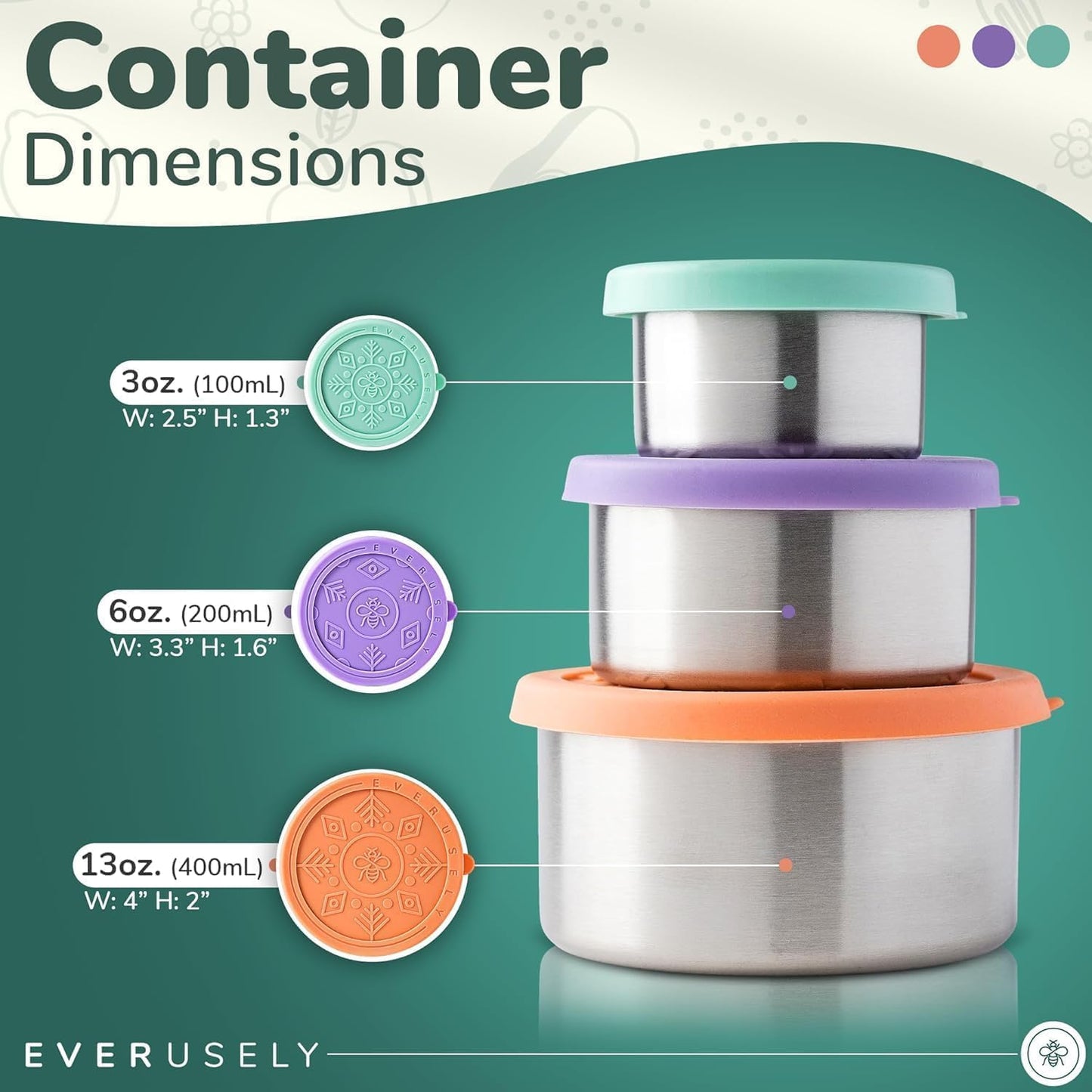 Everusely - Stainless Steel Food Containers - 3 Pack, Bright - Lunch Box - Snack Containers for Office, Home Food Storage - Leakproof with Silicone Lids - Dishwasher & Freezer Safe