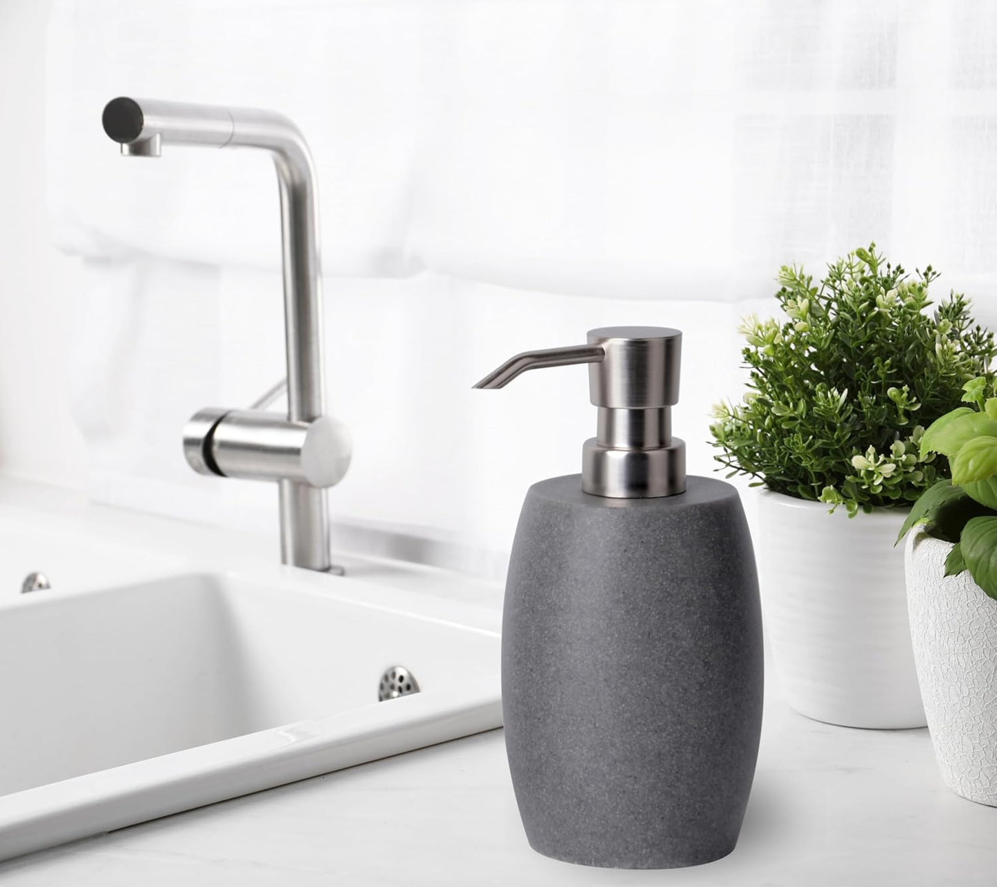 Sandstone Textured Resin Soap Dispenser with Metallic Pump and Waterproof Bottle Labels for Bathroom Kitchen Dish Hand Wash Shower Lotion Shampoo, 12 Oz, Gray