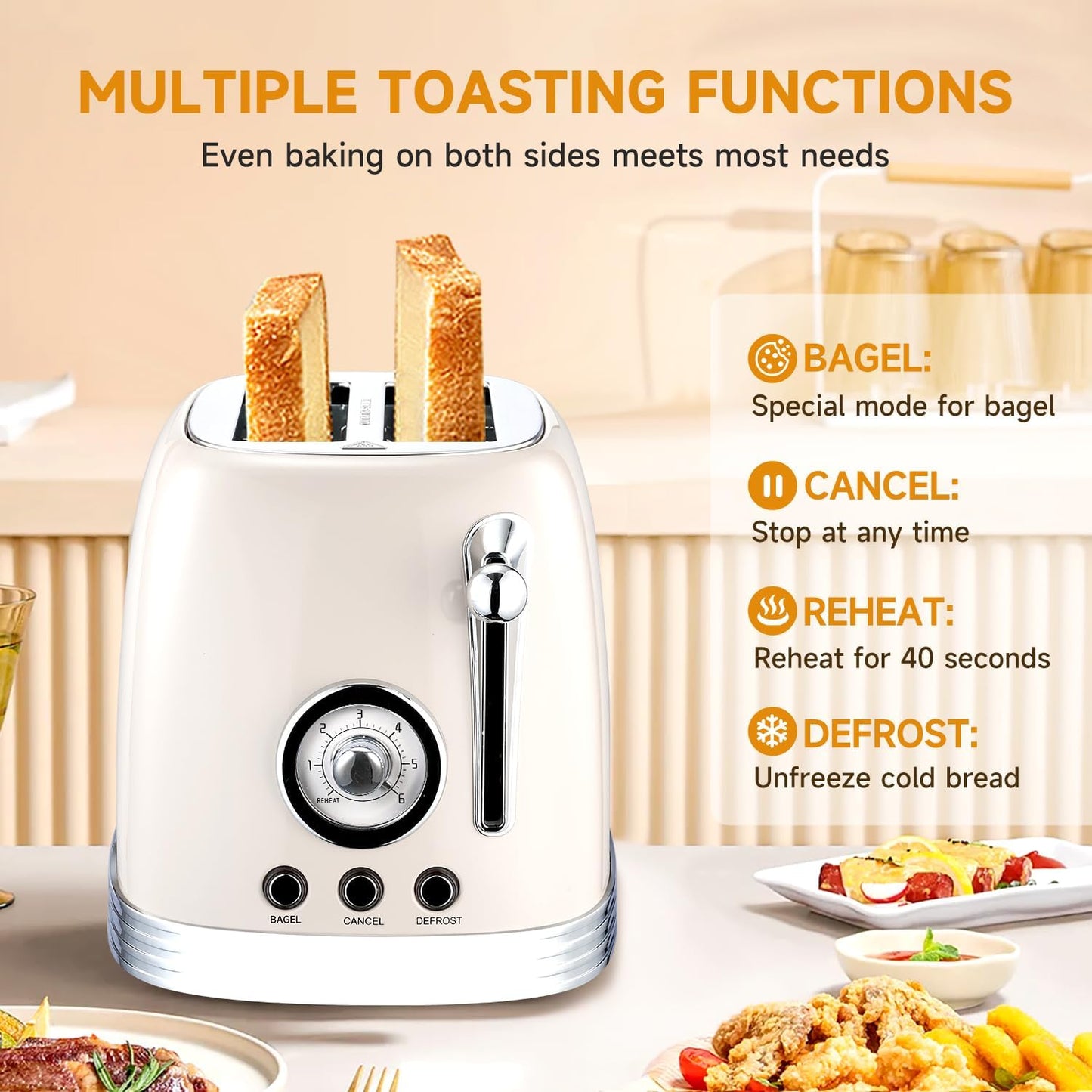 Beige Cute Retro Toaster 2 Slice with 1.58" Wide Slots, Bread toaster with Cover and Warm Rack, Stainless Steel Toaster with Removable Crumb Tray, Preheat, Defrost, Cancel Function (Cream)