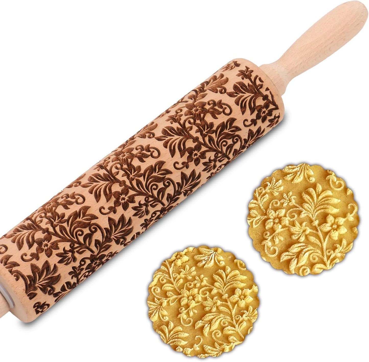 Floral Vine Embossed Rolling Pins for Cookies, Wooden Engraved Rolling Pins for Baking, Embossing Rolling Pins with Designs, Patterned Rolling Pin Decorative Springerle Mold Stamp Clay Pattern Roller