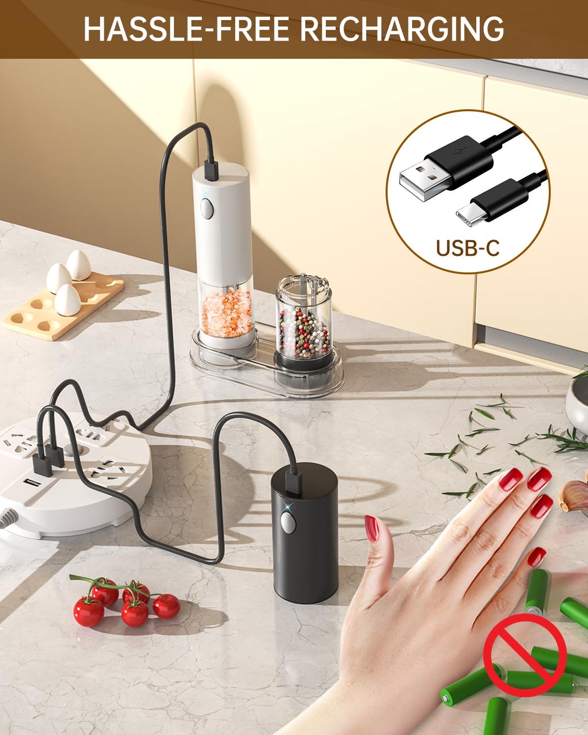 CIRCLE JOY Electric Salt and Pepper Grinder Set Rechargeable Salt and Pepper Mills with Storage Base, Adjustable Coarseness and LED White Light, Washable 95ml Container, Black & White