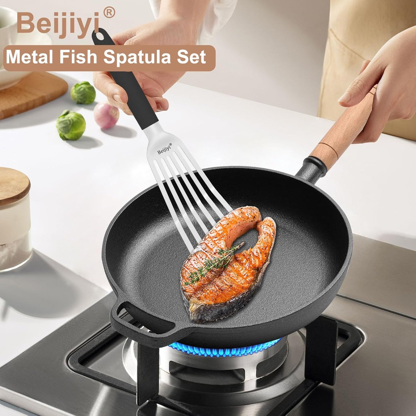 Beijiyi Stainless Steel Fish Spatula Set, 13.5" & 11.7" Metal Spatulas for Kitchen Use, Thin Edge Slotted Fish Turner Spatula for Flipping and Grilling, Cooking Untensils with Silicone Handle