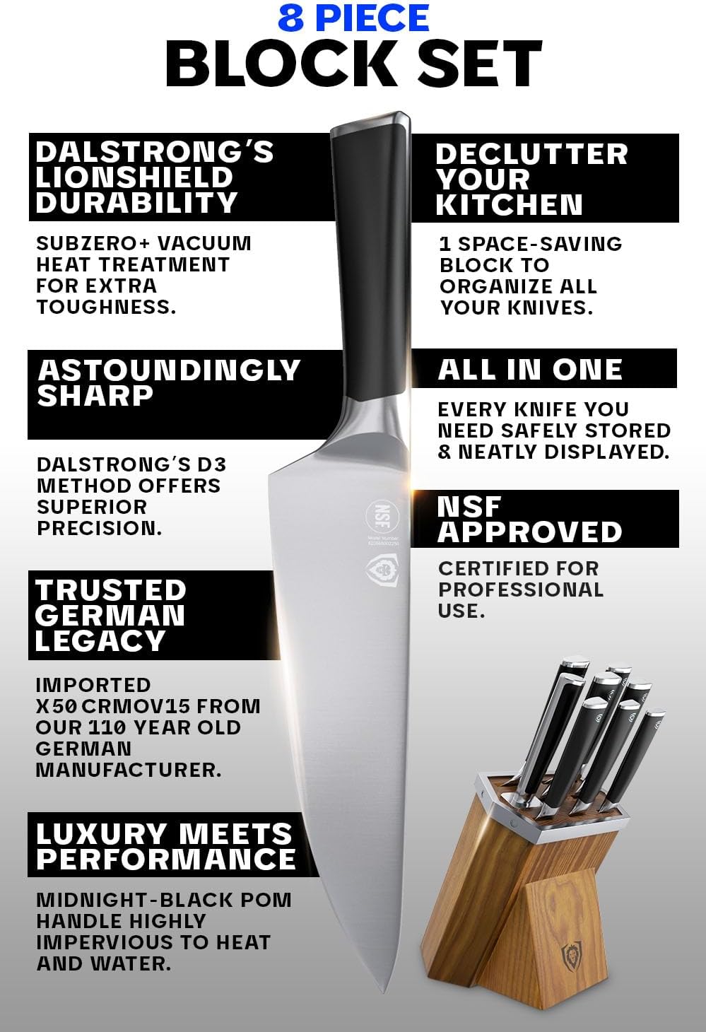 Dalstrong Knife Block Set-8pc-Vanquish Series-Forged High Carbon German Steel-Kitchen Knife Set-Premium Wood Block-Black POM Handle-NSF Certified-Men's Valetines Gift