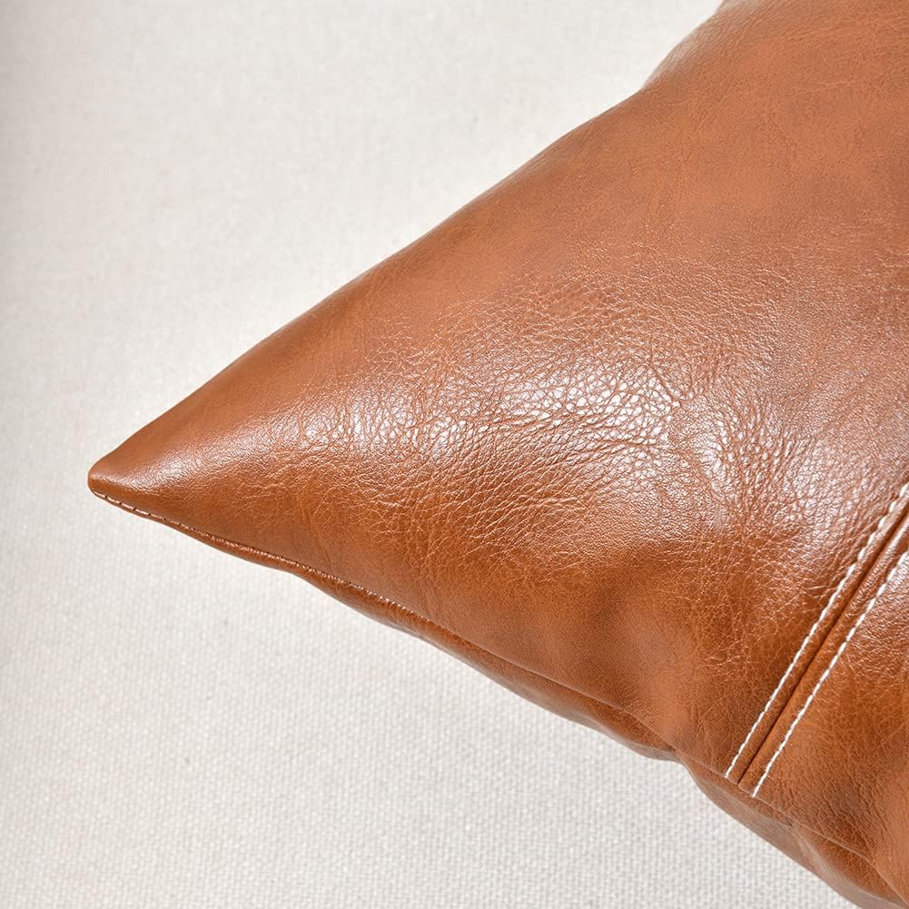 Fancy Homi Brown Boho Long Lumbar Faux Leather Decorative Throw Pillow Covers 14x20 Inch for Living Room Couch Bed Sofa, Hand Stitched Rectangle Cushion Case, Rustic Modern Farmhouse Home Decor