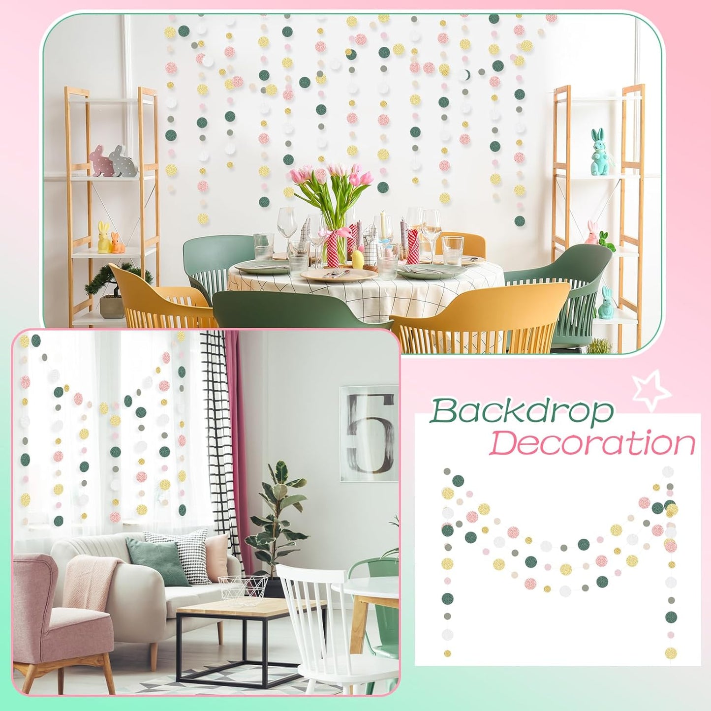 Outus 10 Pieces Colorful Dots Paper Garland Round Glitter Garland Hanging Confetti Streamers Backdrop Decoration for Birthday Classroom Candy Sprinkles Trunk or Treat Party (Sage Green,Pink,Gold)