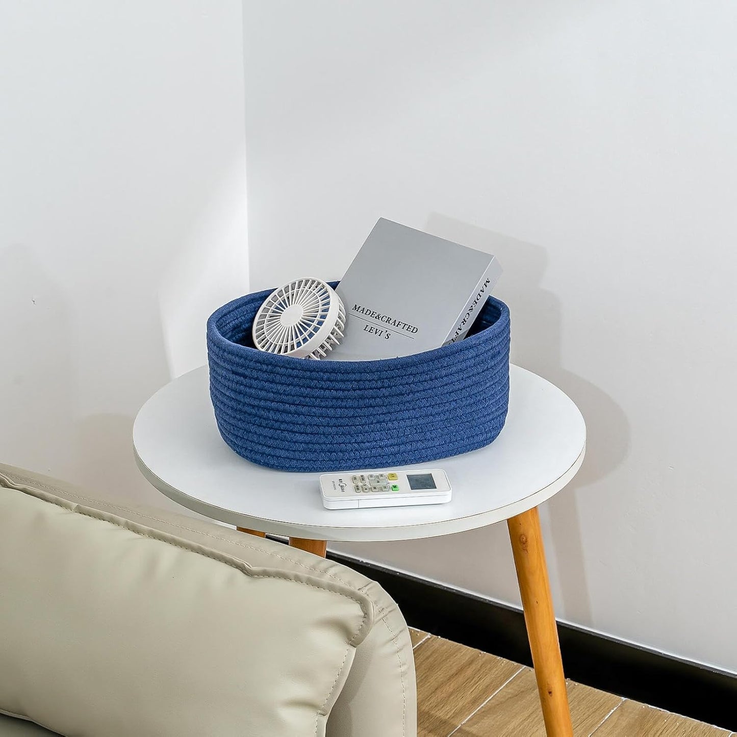 CubesLand Small Storage Baskets for Shelves, Navy Blue Closet Organization Storage Bins Empty Gift Basket 3 Packs Baby Nursery Woven Baskets for Organizing, Rectangular Clothes Closet Shelves Baskets