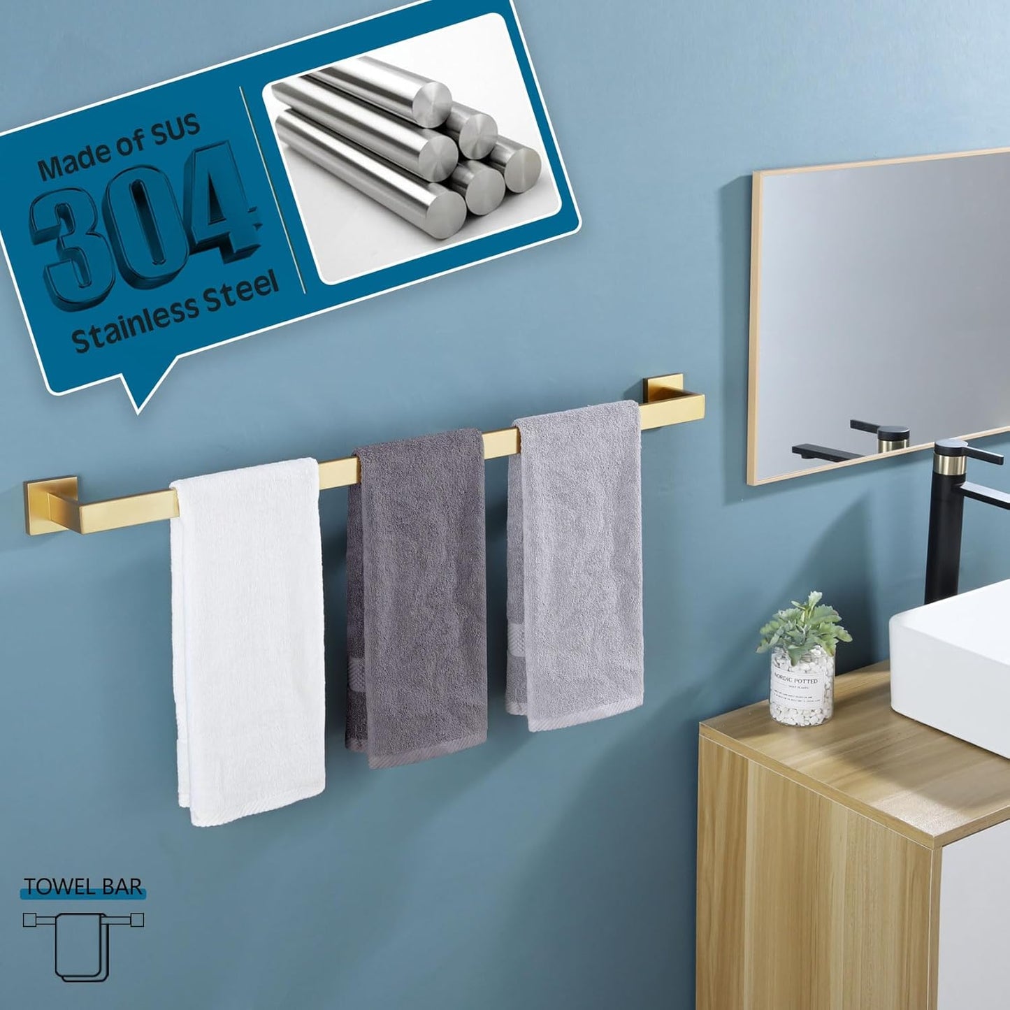 KOKOSIRI 32 Inch Gold Bath Towel Bar Bathroom Towel Rack Towel Holder Shower Hand Towel Hanger,Total Length 33.3 Inch, Brushed Gold, B4003BG-L32