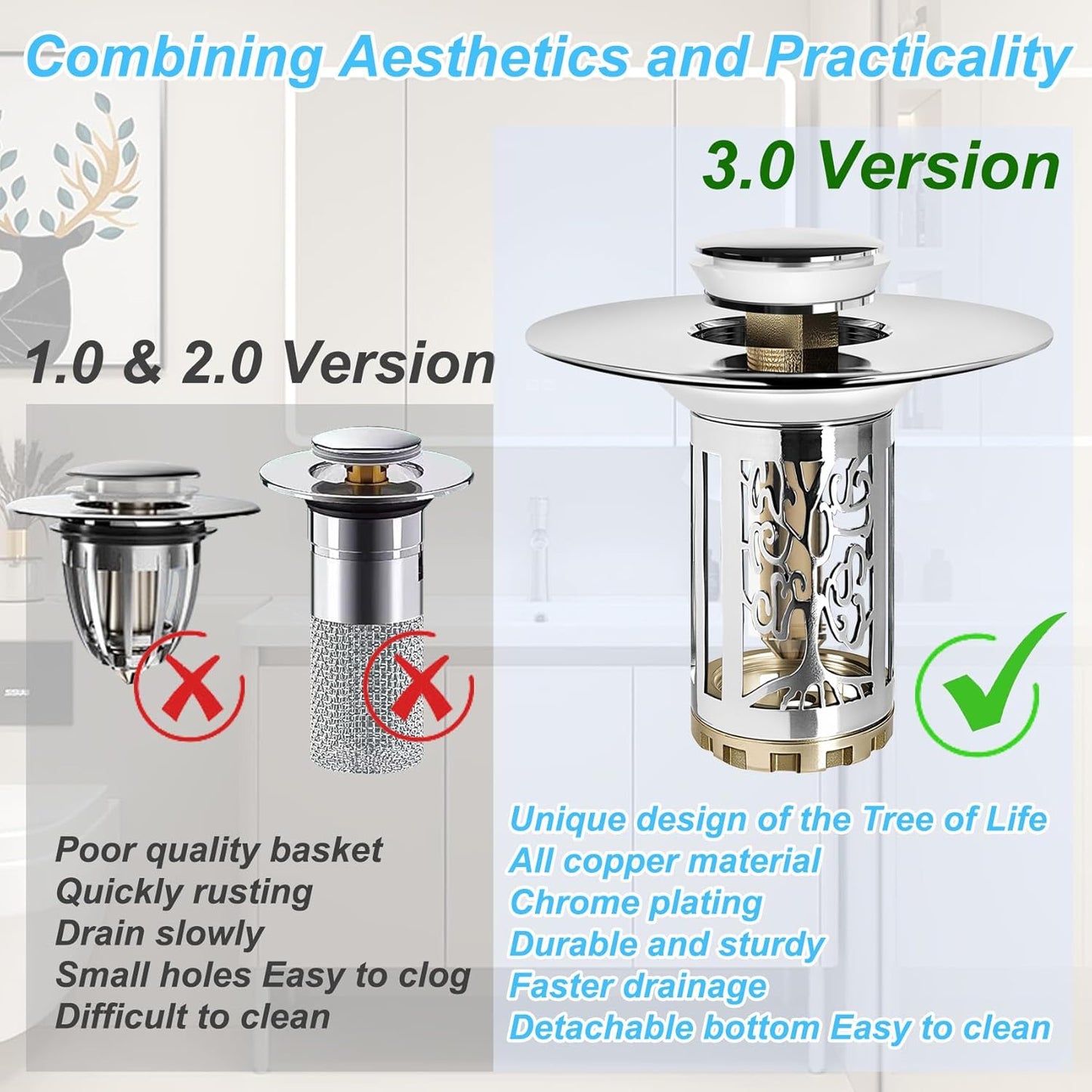 Bathroom Sink Drain Stopper, Bathroom Sink Drain Strainer with Pop Up and Removable Hair Catcher Basket, Universal for 1.06 to 1.6in Sink Drain, Chrome Silver