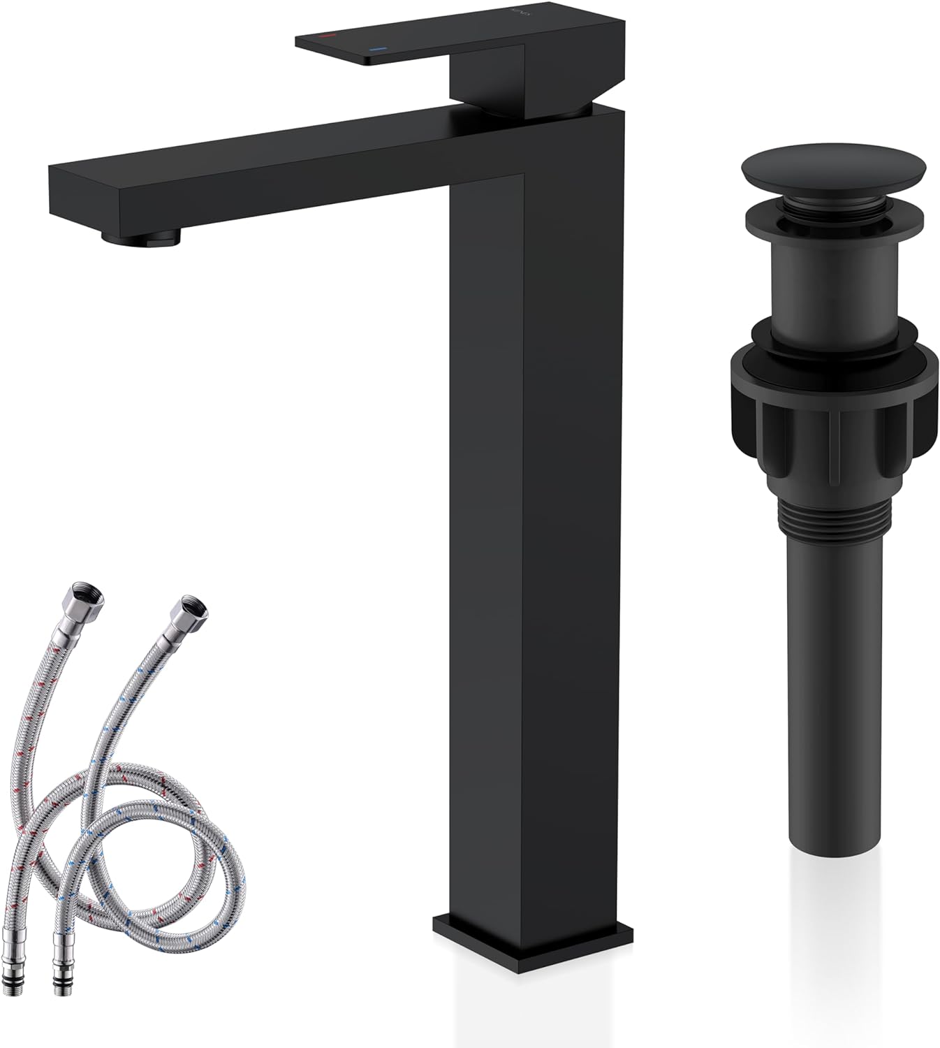KENES Matte Black Bathroom Faucet Single Handle Tall Vessel Sink Faucet Vanity Bathroom Faucet Basin Mixer Tap with Water Supply Hose and Pop Up Sink Drain, LJ-9031A-2