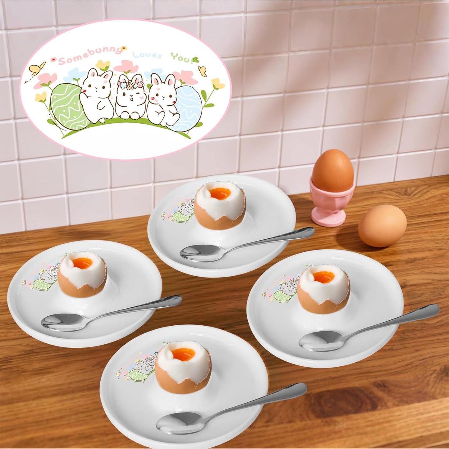 Cinf EggHolder & Spoon Set 4 Ceramic Egg Holders + 4 SS Spoons Breakfast Plate Easter Rabbit 5.5'' Food Container Egg Tray Dinner Serving for Hard Boiled Eggs, Easter & Deserts Kitchen