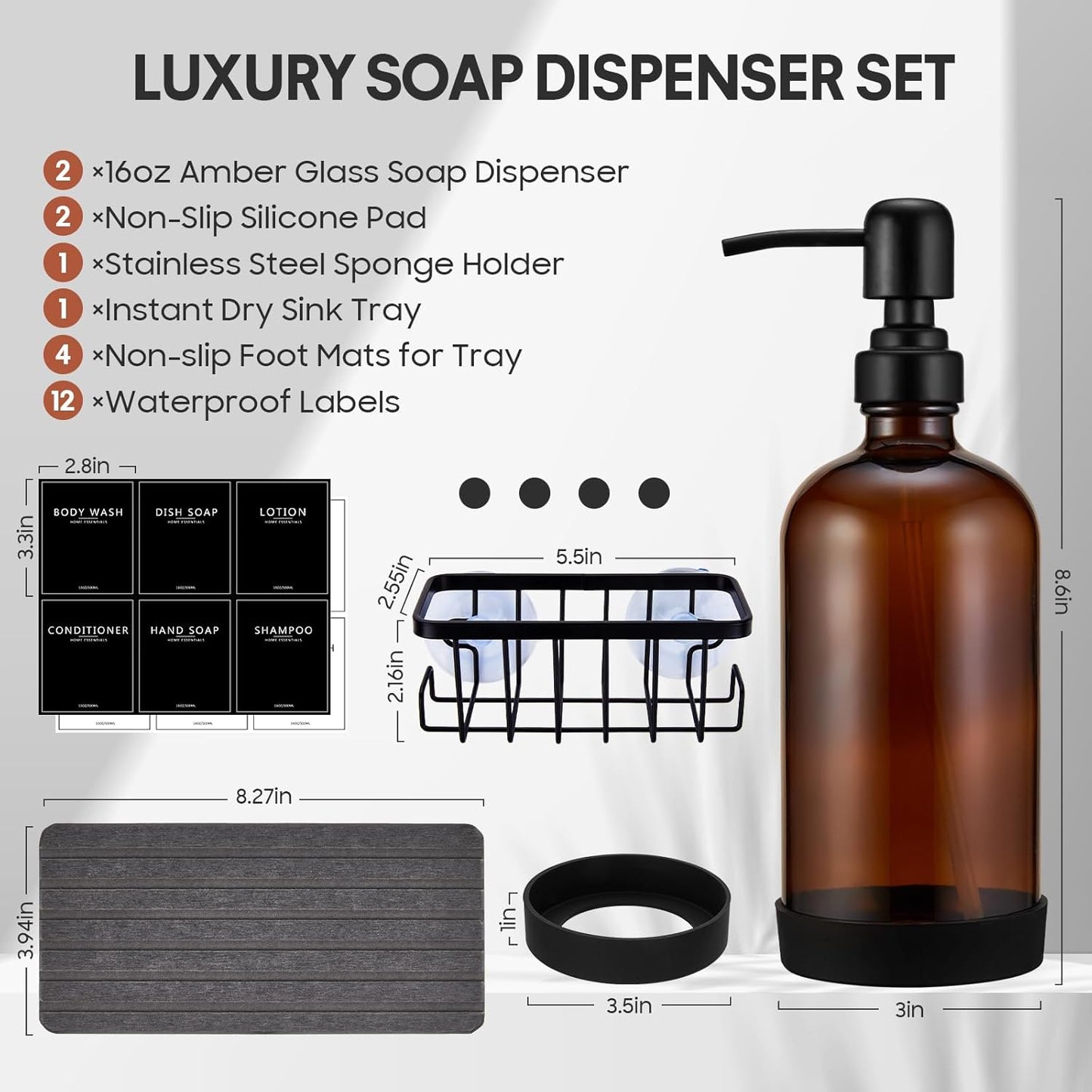 Kitchen Soap Dispenser Set with Instant Dry Tray & Sponge Holder,16 Oz Hand and Dish Soap Amber Glass Dispenser Set,Stainless Steel Pump,Waterproof Labels,Luxury Soap Bottle for Bathroom