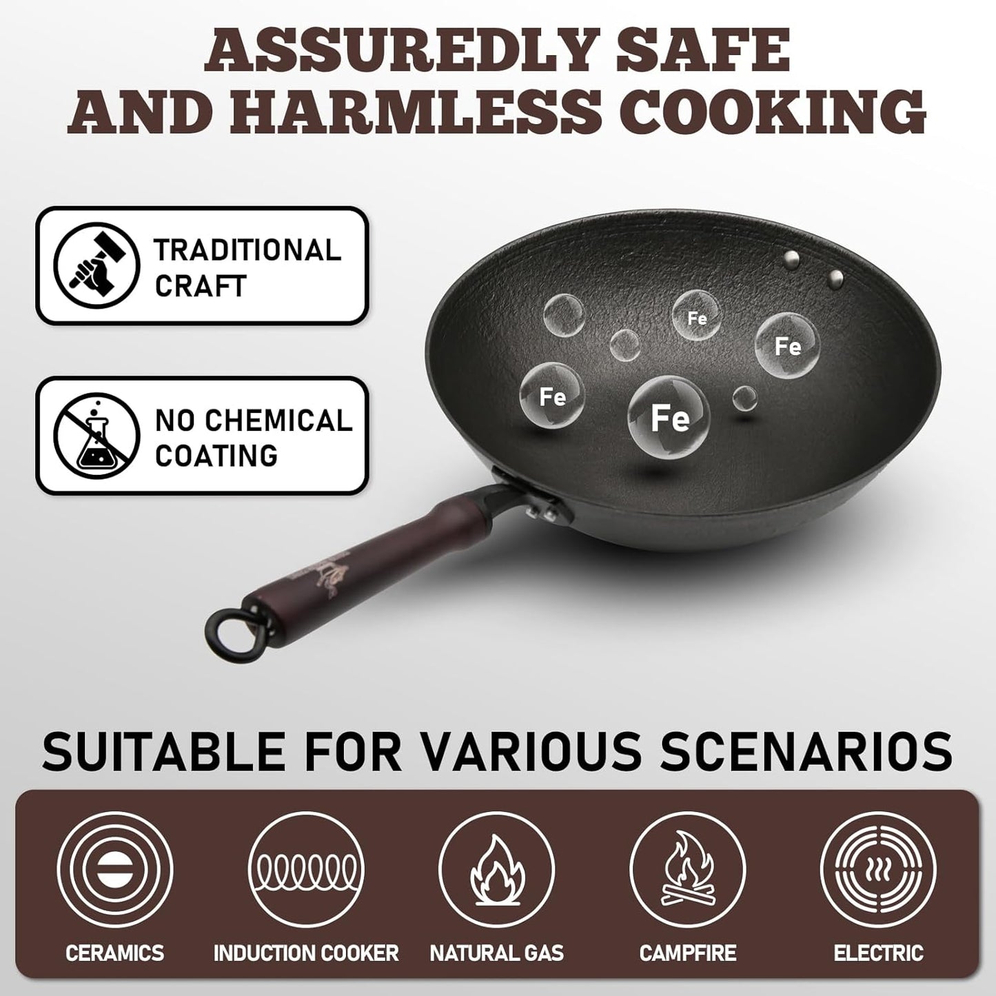HONGJIANG Cast Iron Wok Pan, 11.8" Pre-Seasoned Flat Bottom Wok,Coating-Free Wok Stir Fry Pan With Glass Lid,Compatible Traditional Chinese Wok For Induction, Electric, Gas,Open Fire