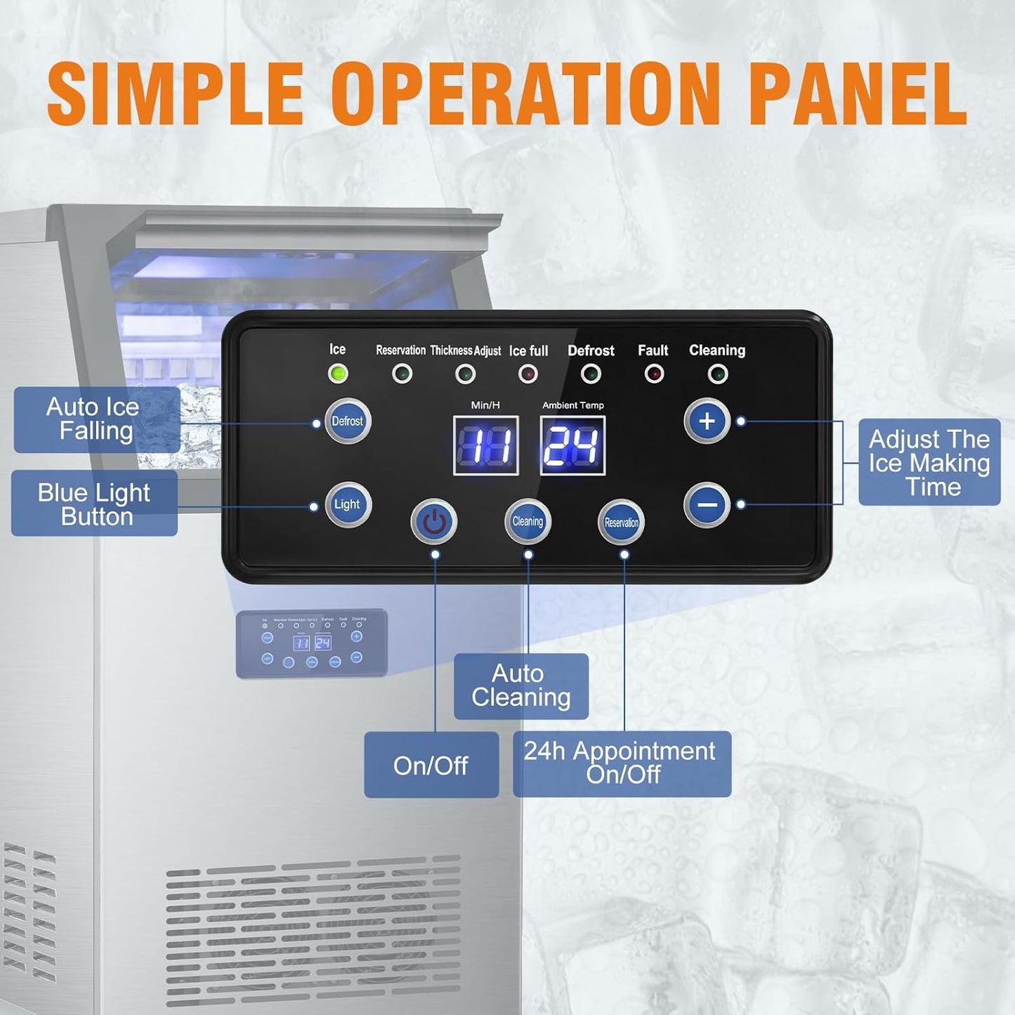 Commercial Ice Maker 120LBS/24H, Stainless Steel Freestanding Ice Maker Machine 30LBS Storage Bin, Auto Clean Under Counter ice Machine for Home, Restaurant, Bar, Hotel, Store