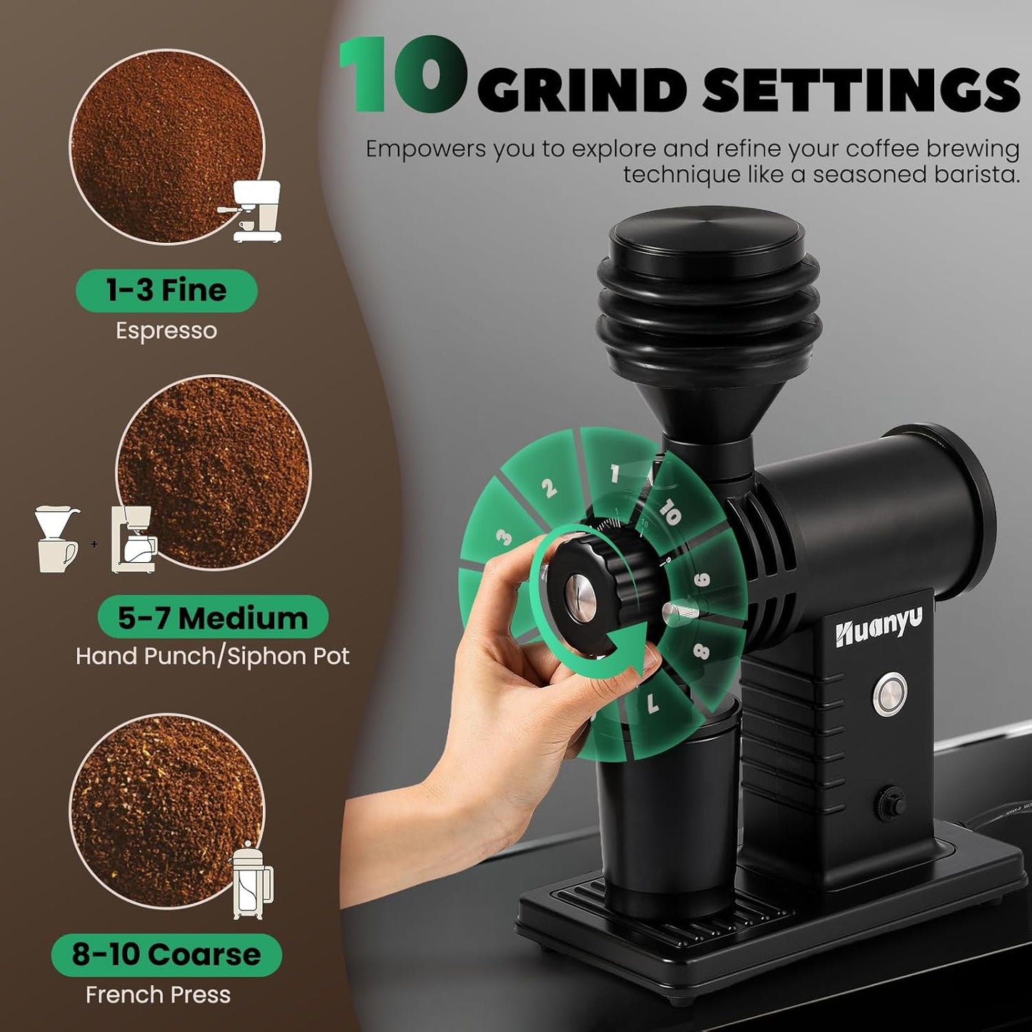 Huanyu Espresso Grinder with Titanium Flat Burr Electric Coffee Grinder with Hopper Bellows 10 Precise Grind Setting Coffee Grinders for Home Use Black