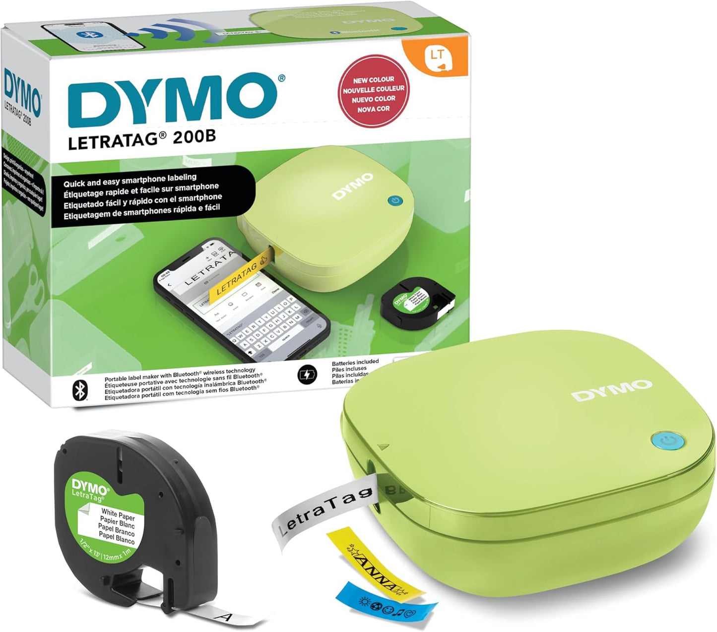 DYMO LetraTag 200B Bluetooth Label Maker | Compact Label Printer | Connects Through Bluetooth Wireless Technology to iOS and Android | Includes 1 White Paper Label Tape | Pistachio Yellow