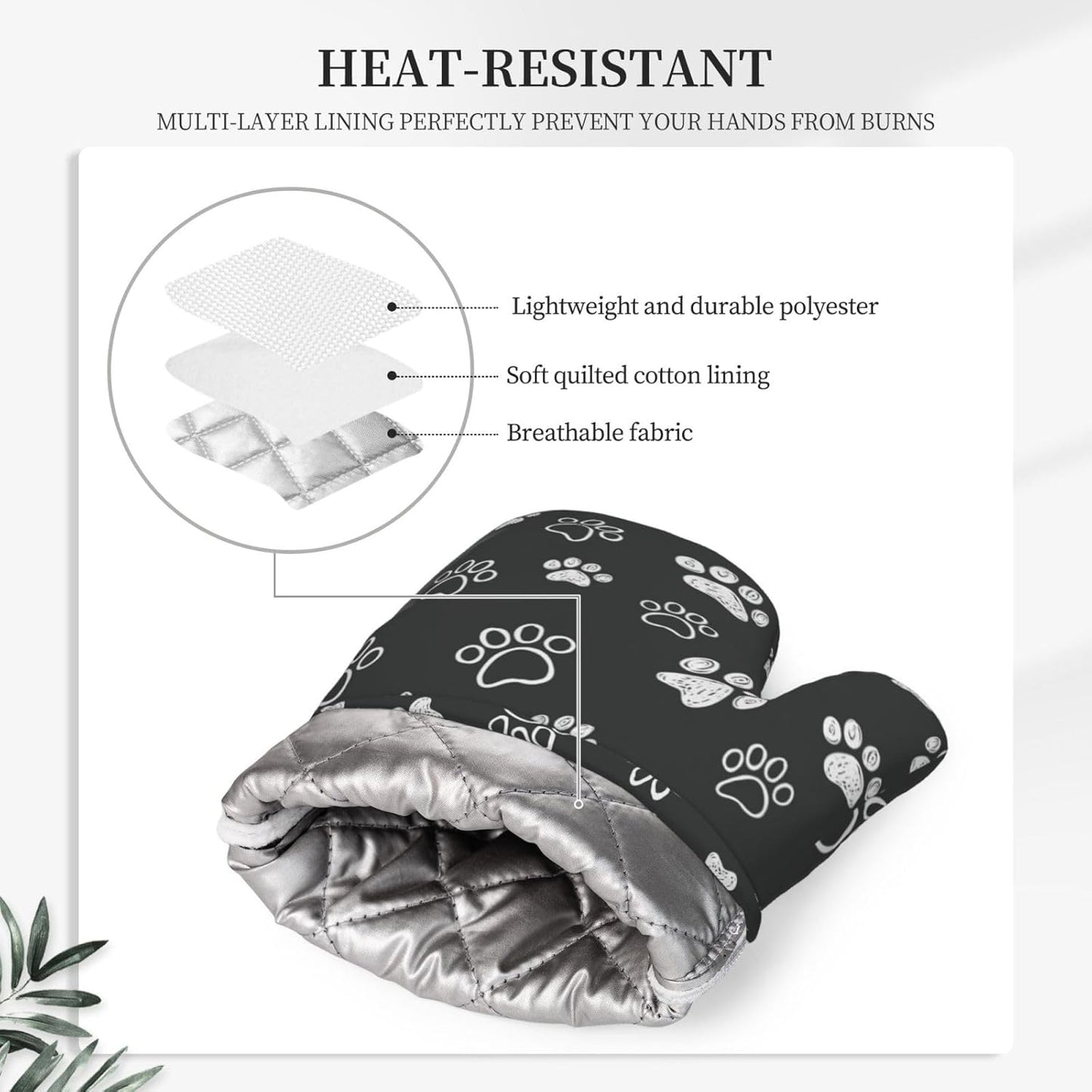 Dog Paw Print Oven Mitts and Pot Holders Set of 4 Silicone Black White Dog Paw Print Kitchen Mitten Gloves and Non-Slip Potholders Set Heat Resistant Oven Gloves Hot Holders for Kitchen