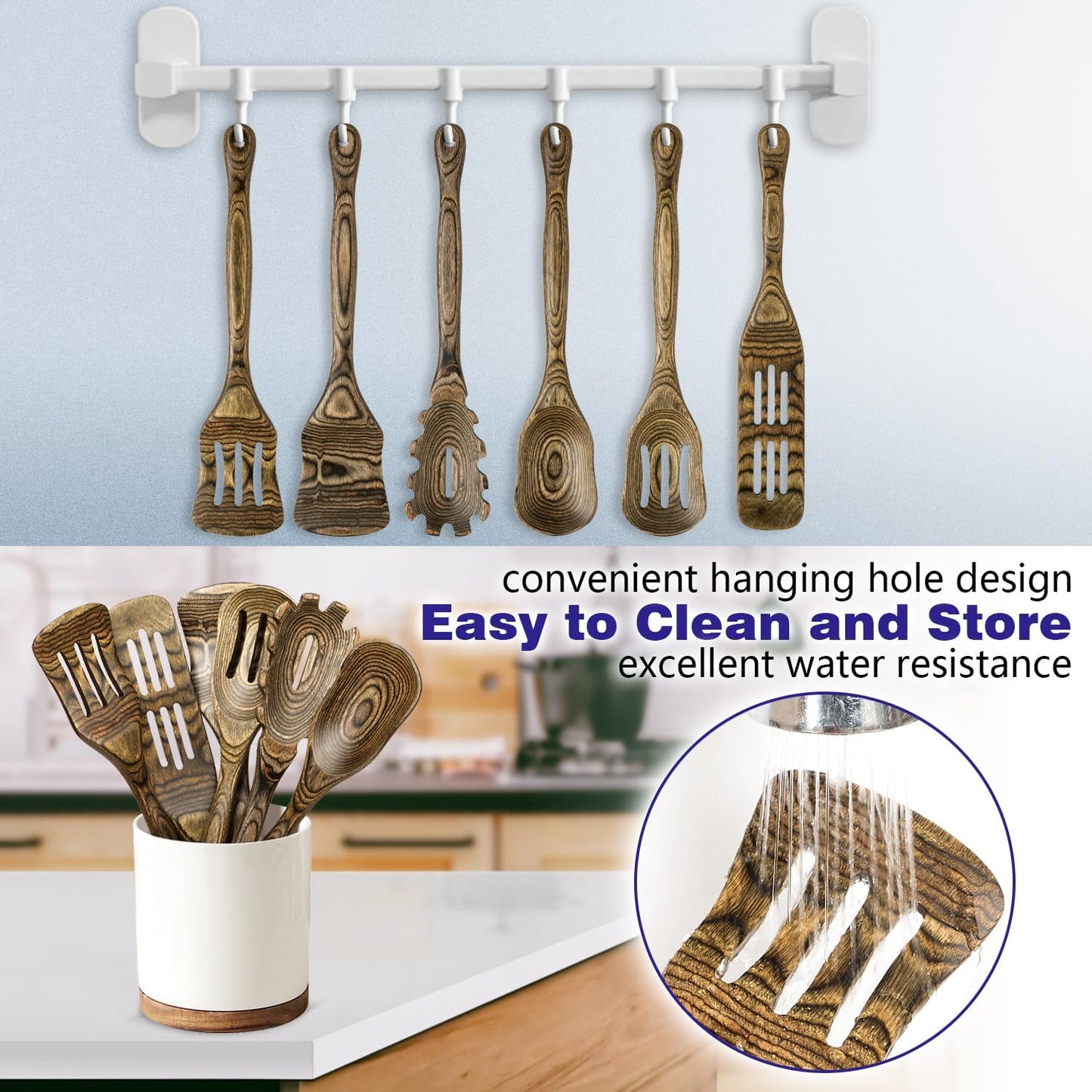 Kitchen 6-Piece Pakkawood Kitchen Utensil Set – Wooden Cooking Spoons with Slotted Spatula, Turner, Spaghetti Spoon & Fish Spurtle, Long Handle Design (Granite) by Howhong