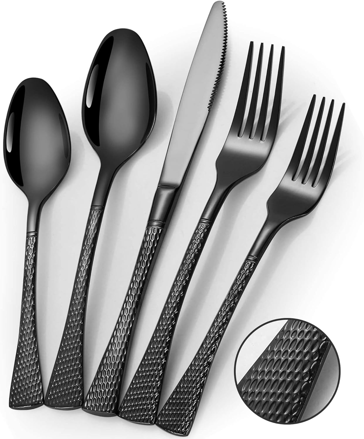 Hammered Black Silverware Set for 8,Stainless Steel 40-Piece Modern Cutlery Set,Mirror Polished Heavy Duty Flatware Set Utensil Set,Knives Spoons and Forks Set,Dishwasher Safe