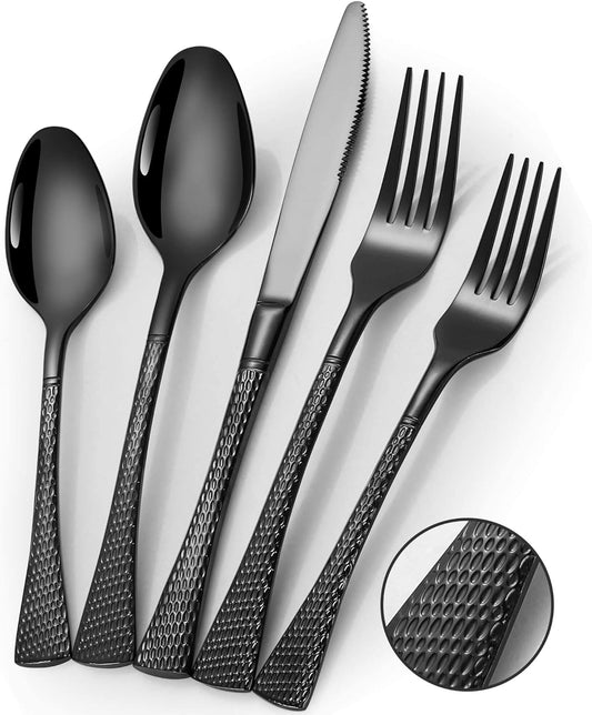 Hammered Black Silverware Set for 8,Stainless Steel 40-Piece Modern Cutlery Set,Mirror Polished Heavy Duty Flatware Set Utensil Set,Knives Spoons and Forks Set,Dishwasher Safe