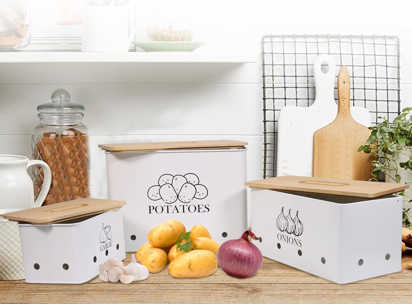Canister Sets for Kitchen Counter, Kitchen Canisters Set of 3 for Potato Onion Garlic, Kitchen Storage Bin Jars Pots with Aerating Tin Storage Holes & Wooden Lid (White)