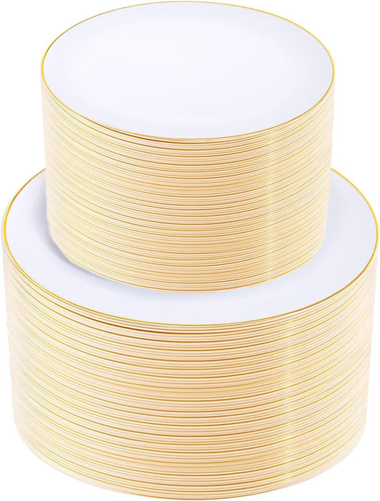 KIRE 200PCS Gold Plastic Plates - Disposable Plates for Party - White Plastic Plates with Gold Rim Include 100 for Dinner and 100 for Dessert/Salad in Wedding