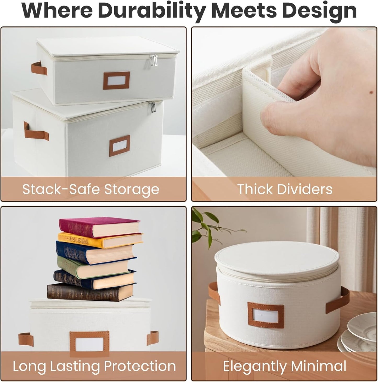 HOMELUX THEORY Hard Shell China Storage Containers, 8pc Ivory Mug & Plate Storage Box, Kitchen Storage Bins W/Lids, Heavy Duty Moving Box with Handles for Dishes, Glassware, Silverware, Cup & Mug