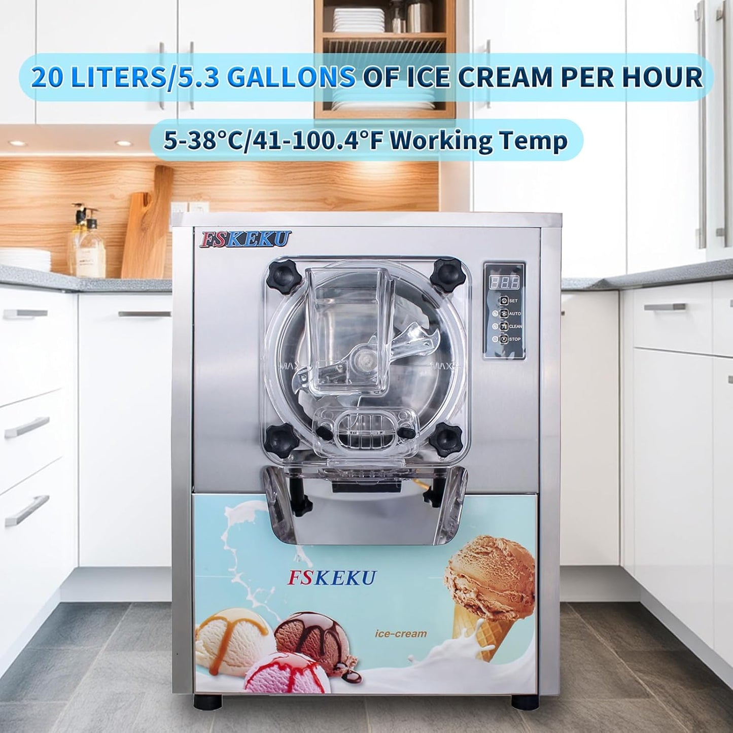 Hard Ice Cream Maker Commercial Gelato Machine 16-24L/H, 5.3 Gph Capacity Suitable for Restaurant/Bar/Home, Auto Clean LED Display Maquina De Helado 1400W