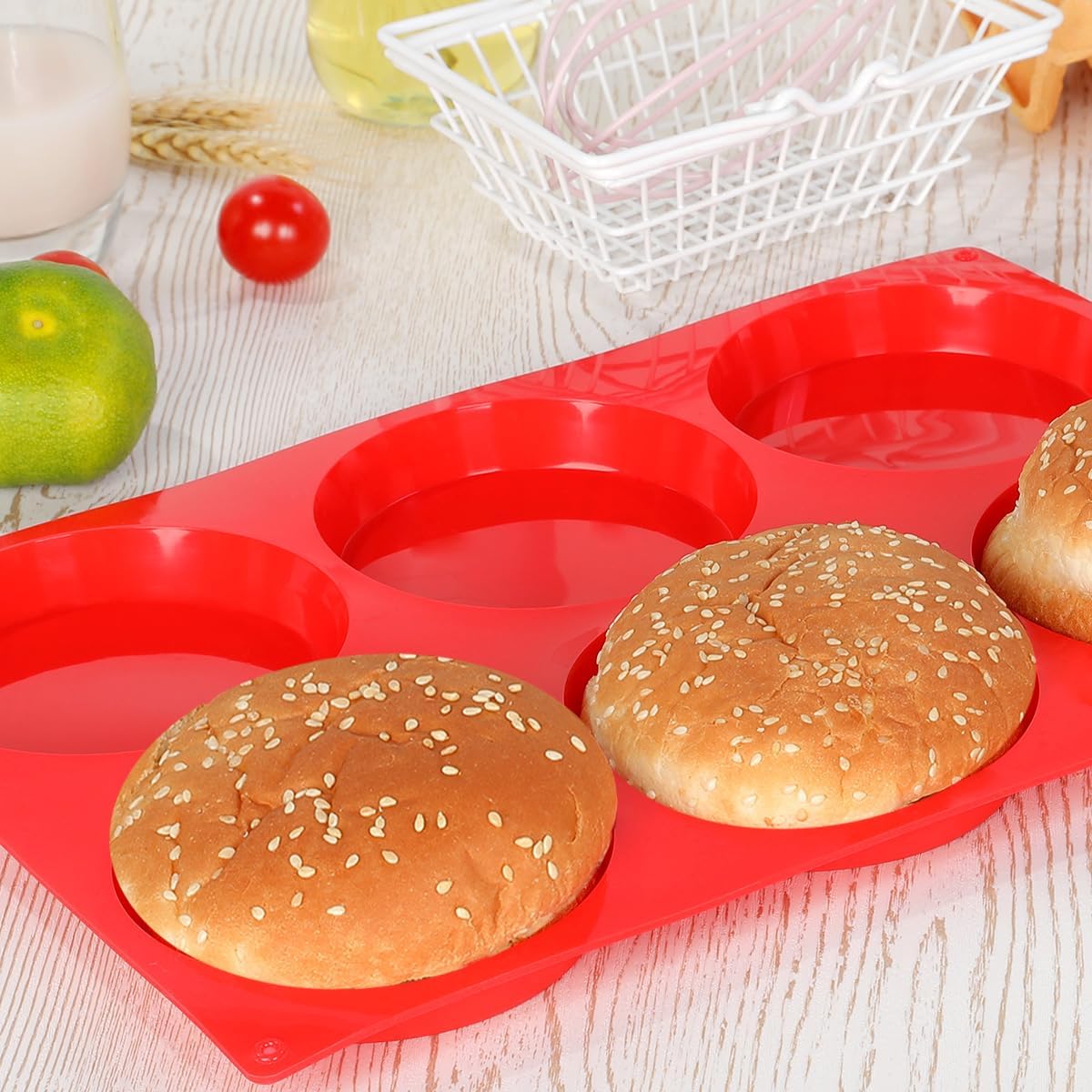 CAKETIME Muffin Top Pan, Jumbo Silicone Egg Molds for Breakfast Sandwiches 4 Inch Round Baking Pan for Oven English Muffins, Whoopie Pies, Corn Bread, Egg bites, Tarts 3 Pack Red