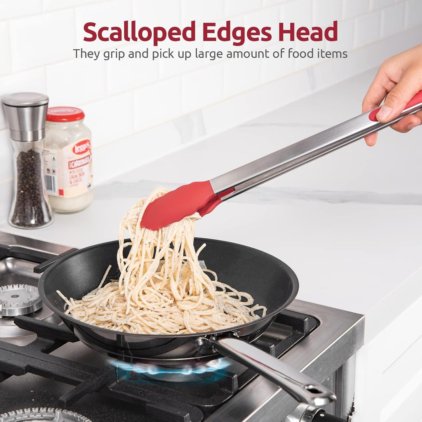 Heat Resistant Silicone Kitchen Tong: U-Taste 16 inch Extra Long Large 480ºF Hot Proof Cooking Tong with Sturdy Non Stick Rubber Tips & Non Slip Silicon Coated Steel Handle for Grilling BBQ (Red)