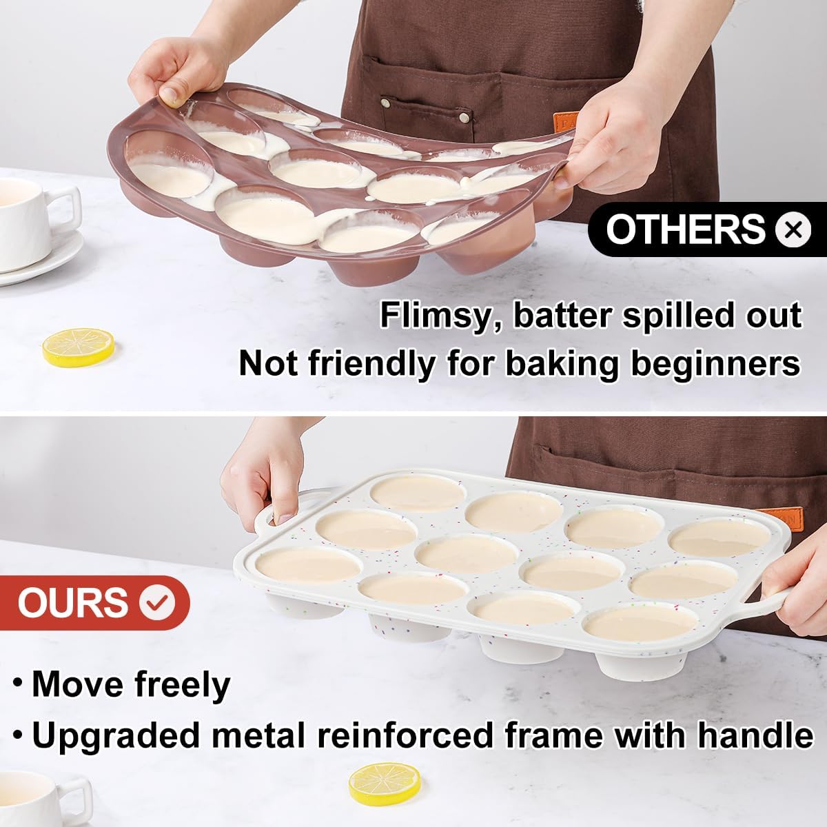 12 Cups & 24 Cups Silicone Muffin Pan with Metal Frame, Regular & Mini Muffin Pan Set for Baking 2 Pack