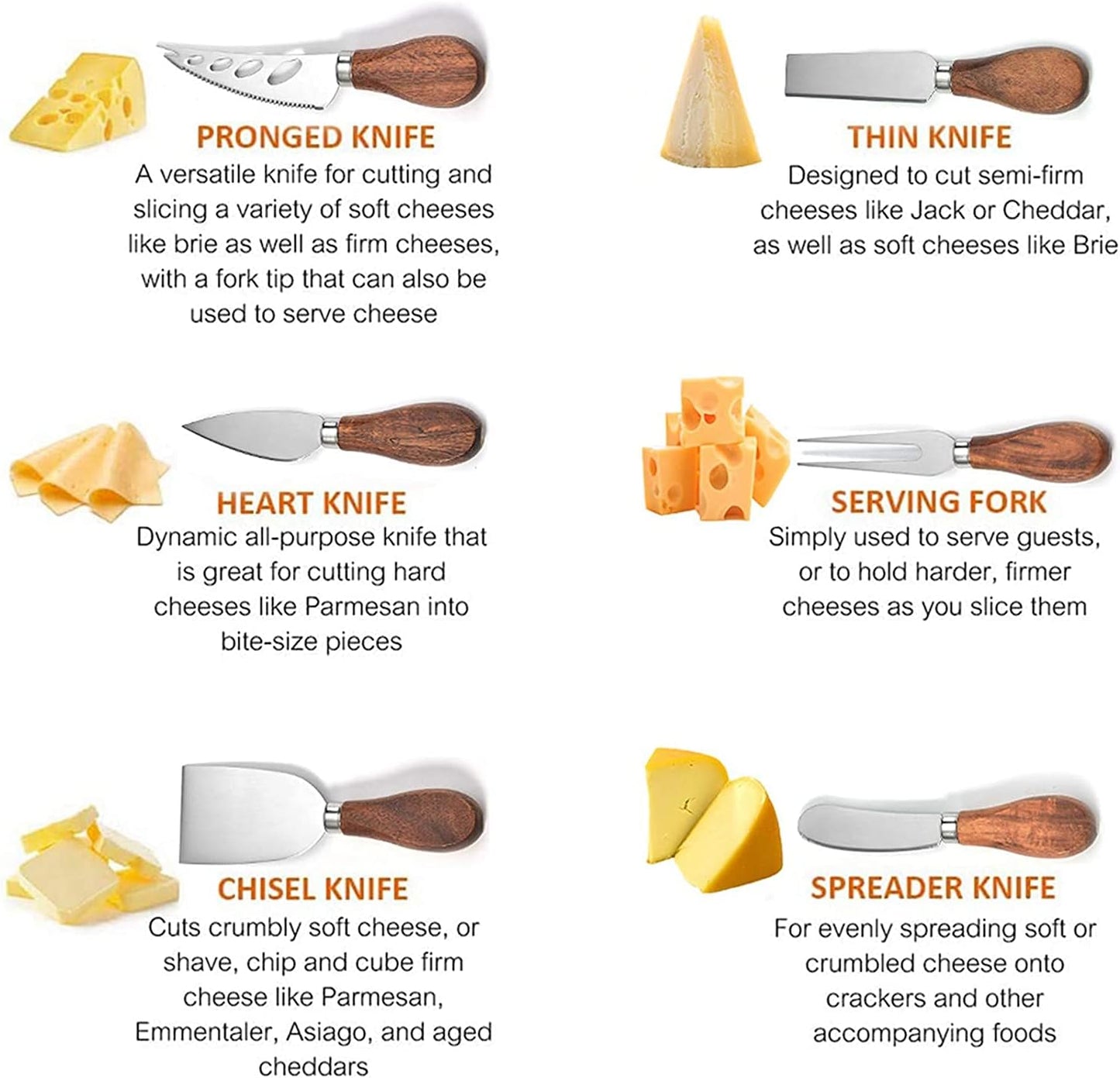 Exquisite 6-Piece Cheese Knives Set, Stainless Steel Cheese Knife Set Collection (Acacia Wood Handle)
