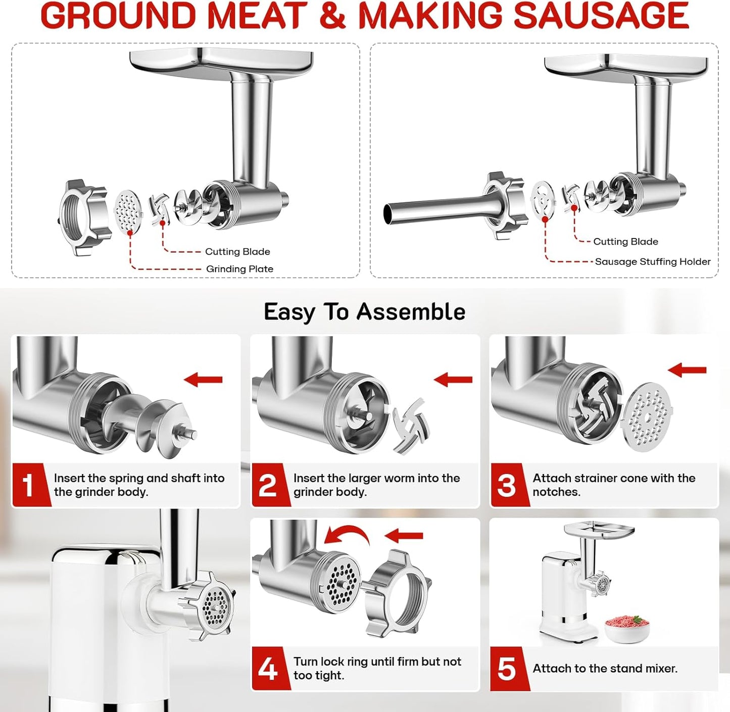 GVODE Electric Meat Grinder & Sausage Stuffer - 700W Max Power, 3 Sausage Tubes, 2 Blades, 4 Plates - Home Use Meat Smasher for Ground Beef & Sausage Maker Machine